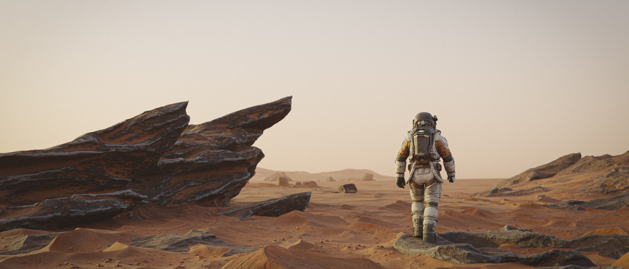 Illustration eines Astronauten oder einer Astronautin von hinten auf einem Wüstenplaneten mit rötlichem Sand und schwarzen Felsen. Der Himmel ist dunstig