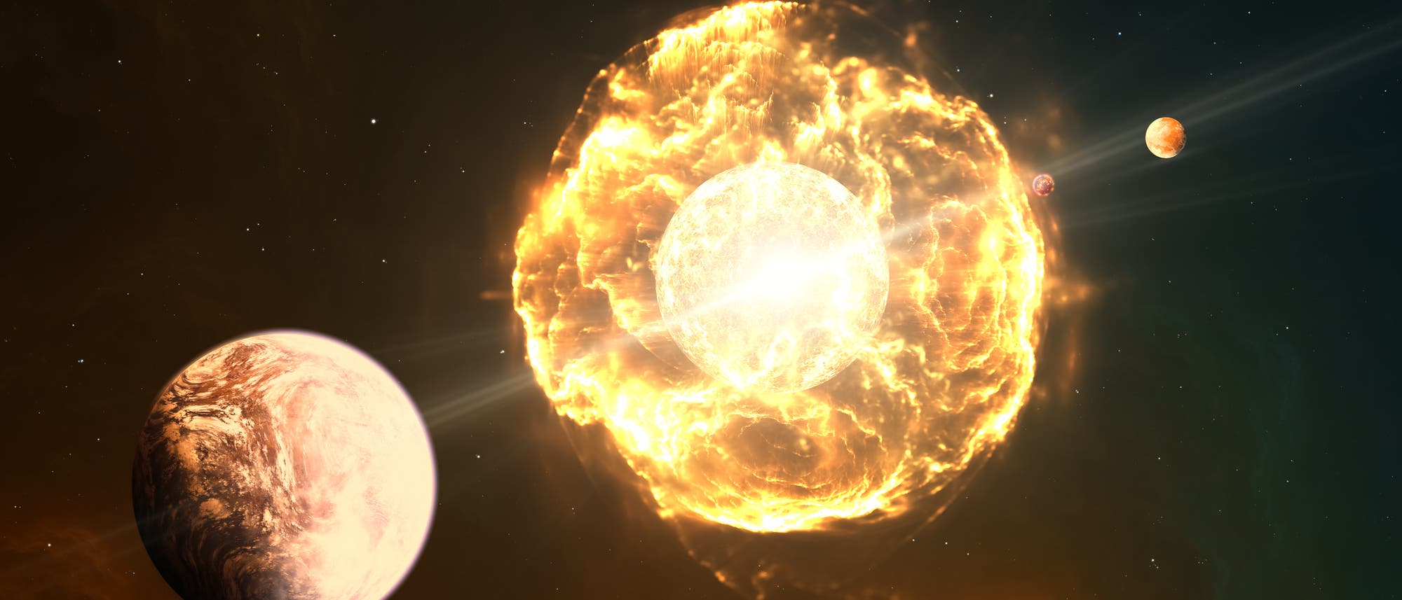 Eine Illustration eines astronomischen Szenarios im Weltraum. In ihrem Zentrum befindet sich ein leuchtender, explodierender Stern, der von einer hellen, goldenen Aura umgeben ist. Links im Vordergrund ist ein erd&auml;hnlicher Planet mit einer wolkigen Atmosph&auml;re zu sehen. Im Hintergrund sind zwei kleinere Planeten sichtbar, die um den explodierenden Stern kreisen. Der dunkle Weltraum ist mit verstreuten Sternen &uuml;bers&auml;t.