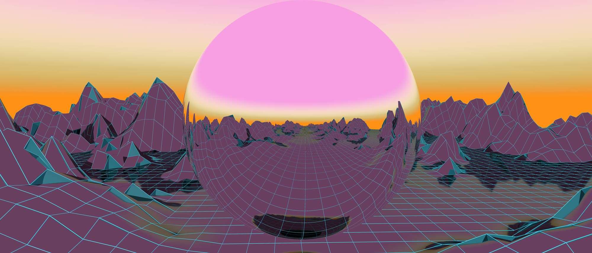 Eine 3D-Darstellung einer futuristischen Landschaft mit einem Gittermuster, das sich über hügelige, bergartige Strukturen erstreckt. Im Zentrum befindet sich eine große, transparente Kugel, die die Umgebung reflektiert. Der Himmel zeigt einen Farbverlauf von Pink zu Orange, was eine surreale Atmosphäre schafft. Die Szene vermittelt ein Gefühl von Unendlichkeit und digitaler Ästhetik.