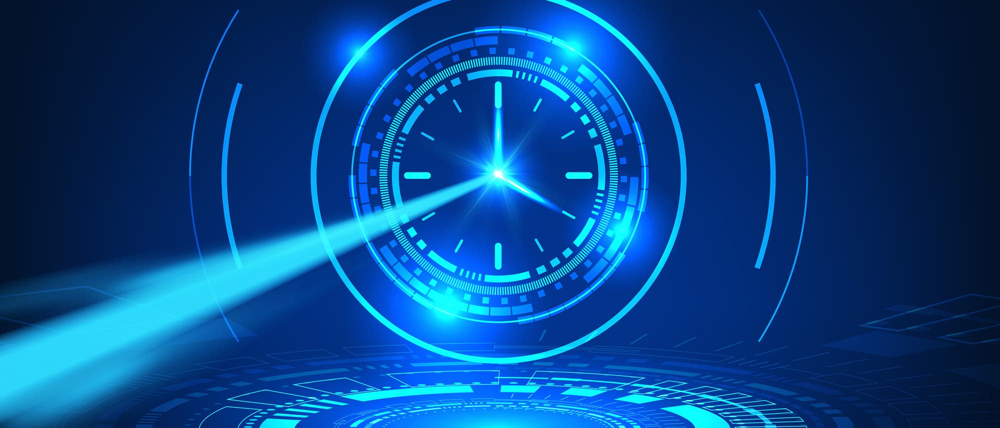 Ein blauer Laser trifft das Zentrum einer blauen abstrakten Uhr.