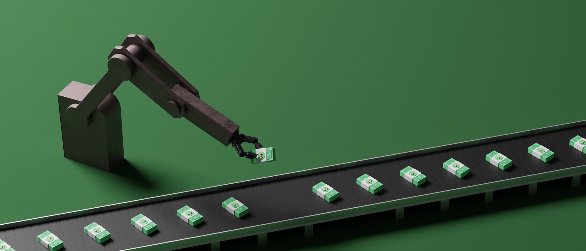 Eine 3D-Darstellung zeigt einen industriellen Roboterarm vor einem grauen Fließband das mit vielen identischen Paketen beladen ist. Der Arm hebt ein Paket von diesem Förderband. Der Hintergrund ist grün. Die Szene vermittelt den Eindruck von Automatisierung.