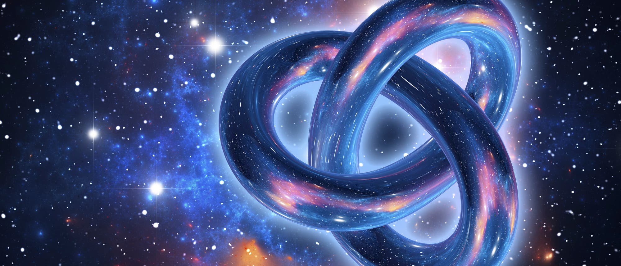 Eine k&uuml;nstlerische Darstellung eines kosmischen Knotens im Weltraum. Der Knoten besteht aus einem gl&auml;nzenden, schlangenartigen Band, das mit einem Muster aus Galaxien und Sternen verziert ist. Im Hintergrund ist ein Sternenfeld mit leuchtenden Sternen und Nebeln zu sehen. Die Szene vermittelt ein Gef&uuml;hl von Unendlichkeit und Komplexit&auml;t des Universums.
