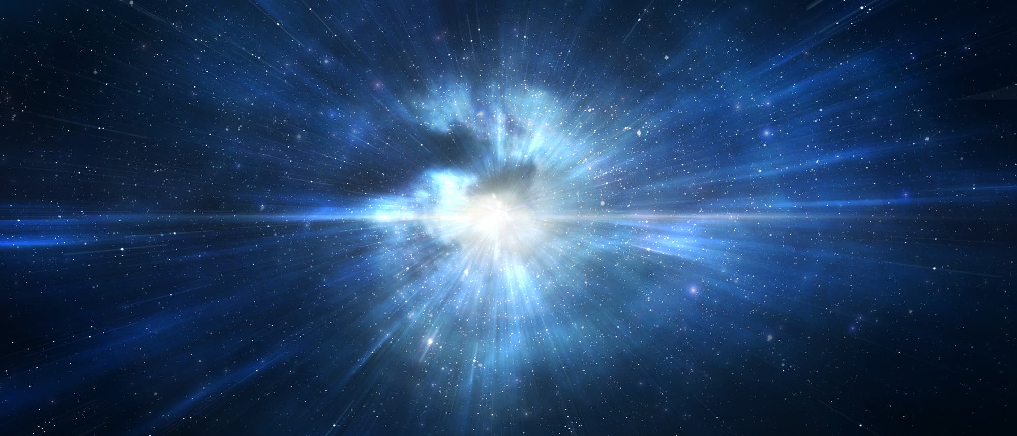 Eine k&uuml;nstlerische Darstellung eines astronomischen Ph&auml;nomens im Weltraum. Im Zentrum des Bildes befindet sich ein heller Lichtpunkt, der von strahlenden blauen und wei&szlig;en Lichtstrahlen umgeben ist, die sich radial nach au&szlig;en erstrecken. Der Hintergrund zeigt einen dunklen, sternen&uuml;bers&auml;ten Himmel, der die Weite des Universums andeutet. Dieses Bild vermittelt den Eindruck von Bewegung und Energie, m&ouml;glicherweise eine Darstellung eines kosmischen Ereignisses wie einer Supernova oder eines Wurmlochs.