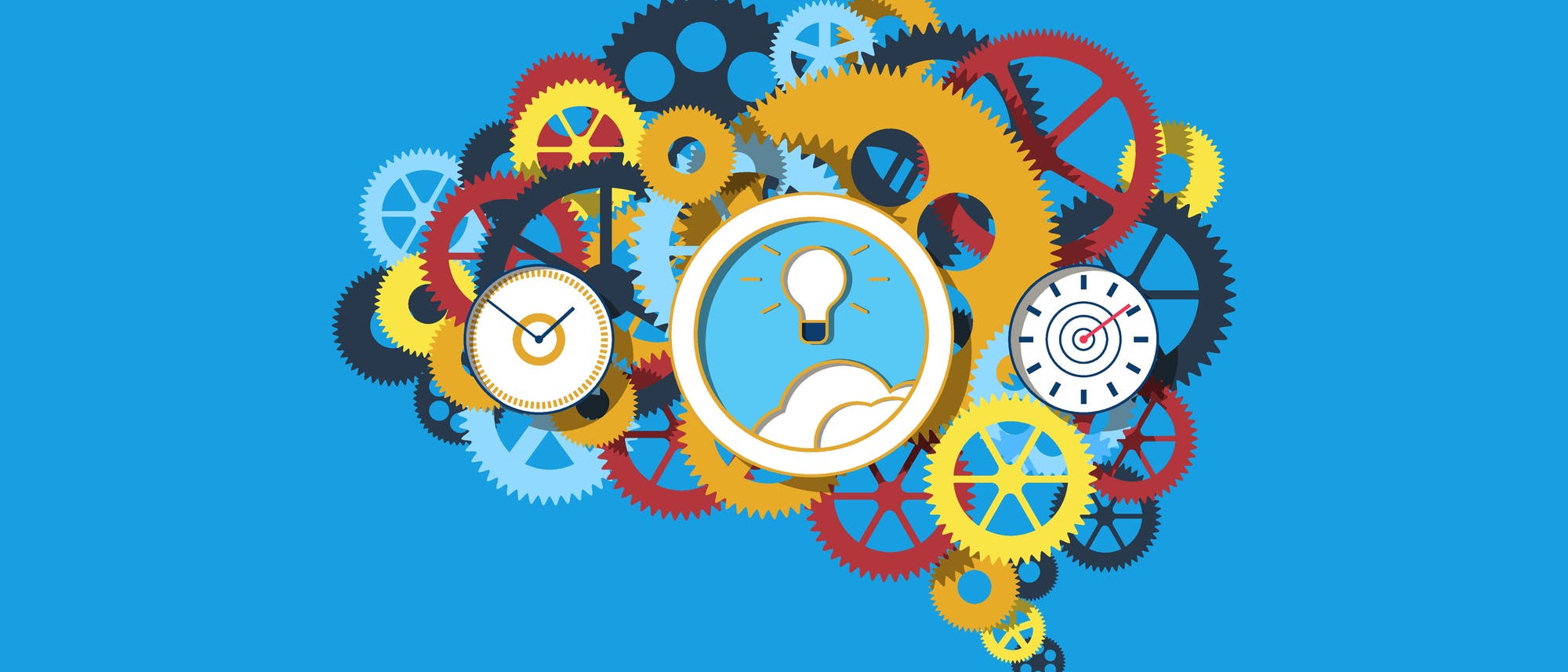 Eine künstlerische Illustration zeigt ein Gehirn, das aus bunten Zahnrädern in Blau, Rot und Gelb besteht. In der Mitte sind Symbole wie eine Glühbirne, ein Wecker und eine Zielscheibe zu sehen, die Kreativität, Zeitmanagement und Zielsetzung darstellen. Der Hintergrund ist einfarbig blau. Eine künstlerische Illustration zeigt ein Gehirn, das aus bunten Zahnrädern in Blau, Rot und Gelb besteht. In der Mitte sind Symbole wie eine Glühbirne, ein Wecker und eine Zielscheibe zu sehen, die Kreativität, Zeitmanagement und Zielsetzung darstellen. Der Hintergrund ist einfarbig blau.