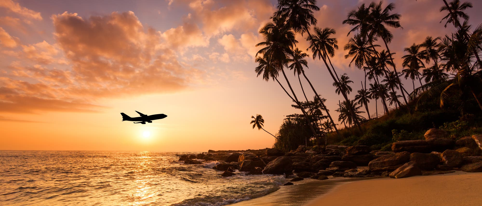 Ein Flugzeug fliegt über einen Strand bei Sonnenuntergang. Der Himmel ist in warmen Orange- und Rosatönen gefärbt, während Palmen sich sanft im Wind wiegen. Die Wellen des Meeres treffen auf den sandigen Uferbereich. Die Szene vermittelt ein Gefühl von Ruhe und Fernweh. Ein Flugzeug fliegt über einen Strand bei Sonnenuntergang. Der Himmel ist in warmen Orange- und Rosatönen gefärbt, während Palmen sich sanft im Wind wiegen. Die Wellen des Meeres treffen auf den sandigen Uferbereich. Die Szene vermittelt ein Gefühl von Ruhe und Fernweh.