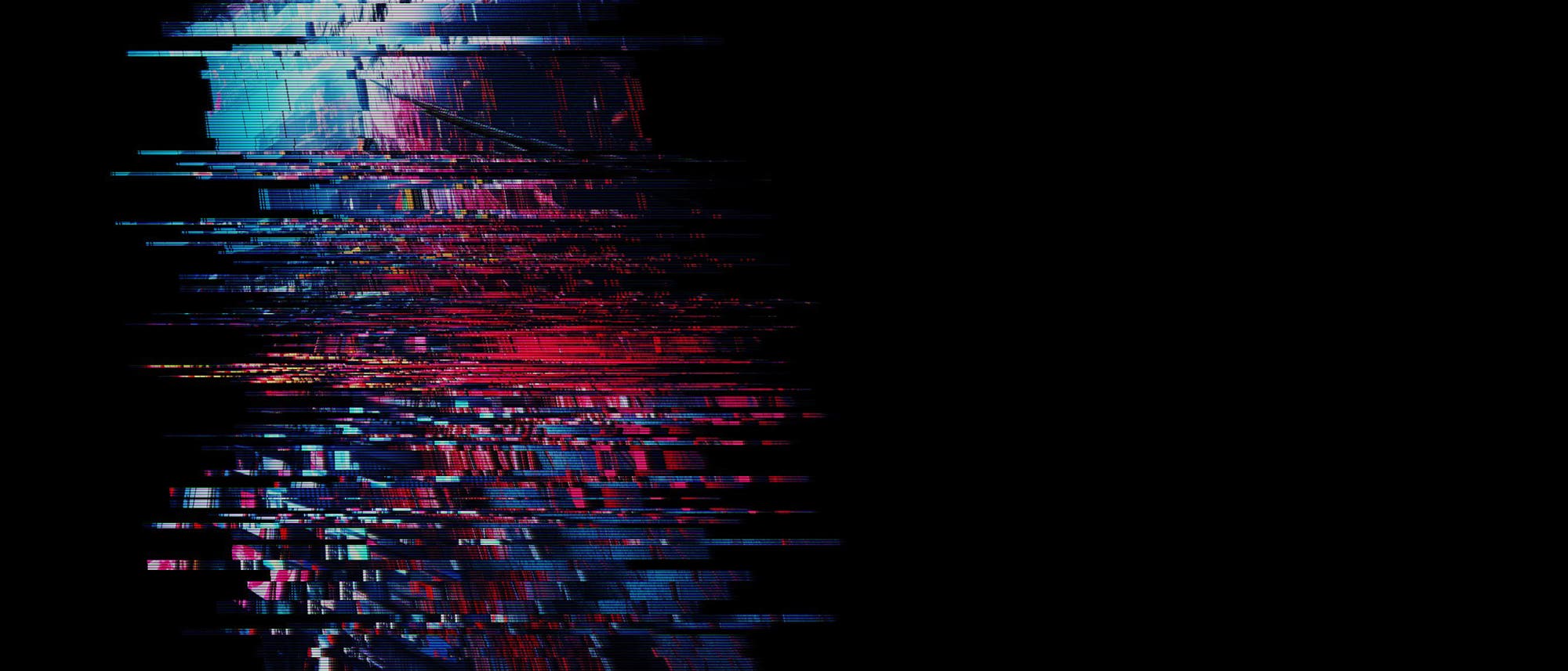 Eine digitale Kunstabbildung mit einem abstrakten, glitchartigen Design. Die Komposition besteht aus horizontalen und vertikalen Linien in leuchtenden Blau-, Rot- und Violettt&ouml;nen, die sich &uuml;ber einen schwarzen Hintergrund erstrecken. Die Linien erzeugen ein Gef&uuml;hl von Bewegung und Verzerrung, das an digitale St&ouml;rungen erinnert.