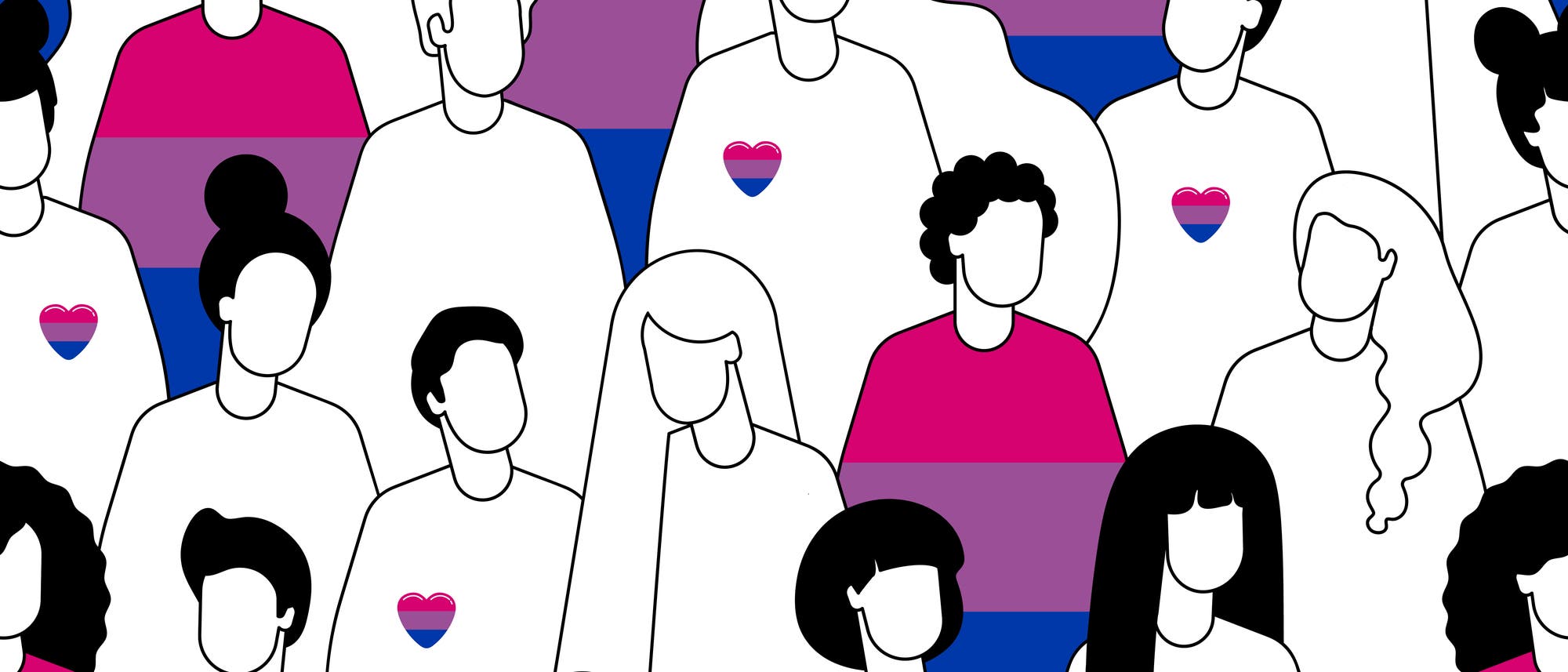 Eine Gruppe von stilisierten Personen, die vor einem Hintergrund in den Farben der Bisexual-Pride-Flagge stehen: Pink, Lila und Blau. Einige Personen tragen T-Shirts mit einem Herzsymbol in denselben Farben. Das Bild symbolisiert Vielfalt und Unterstützung der bisexuellen Gemeinschaft.