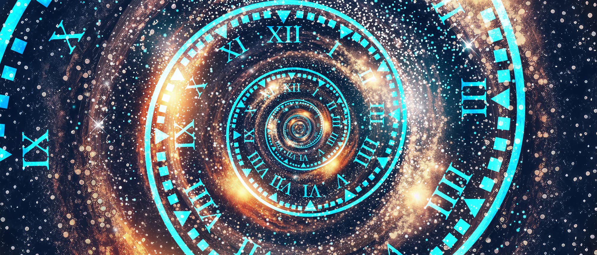 Eine spiralförmige Darstellung einer Uhr mit römischen Ziffern, die sich in die Unendlichkeit erstreckt. Die Ziffern leuchten in einem hellen Blau, während der Hintergrund aus funkelnden Sternen und galaktischen Wolken besteht, was ein Gefühl von Zeitreise und kosmischer Unendlichkeit vermittelt. Die Uhr scheint sich in einem endlosen Wirbel zu drehen, der die Konzepte von Zeit und Raum symbolisiert. Eine spiralförmige Darstellung einer Uhr mit römischen Ziffern, die sich in die Unendlichkeit erstreckt. Die Ziffern leuchten in einem hellen Blau, während der Hintergrund aus funkelnden Sternen und galaktischen Wolken besteht, was ein Gefühl von Zeitreise und kosmischer Unendlichkeit vermittelt. Die Uhr scheint sich in einem endlosen Wirbel zu drehen, der die Konzepte von Zeit und Raum symbolisiert.