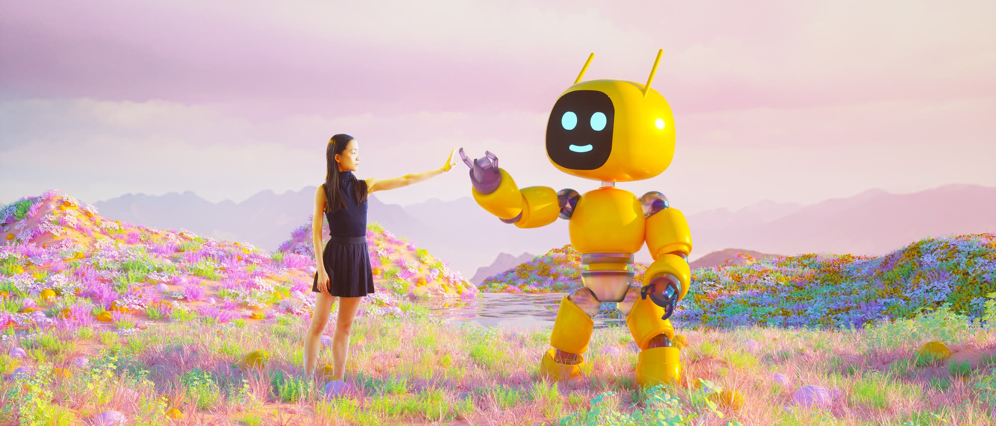 Eine Frau in einem schwarzen Kleid steht in einer bunten, blühenden Landschaft und gibt einem großen, gelben Roboter mit einem lächelnden Gesicht einen High-Five. Der Himmel ist rosa und die Umgebung wirkt surreal und futuristisch. Die Szene vermittelt eine harmonische Interaktion zwischen Mensch und Technologie.