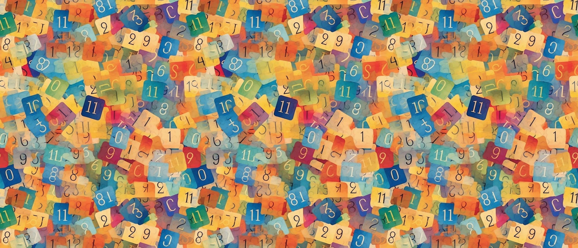 Ein farbenfrohes Kunstwerk mit einer Vielzahl von Zahlen, die auf bunten, &uuml;berlappenden Rechtecken dargestellt sind. Die Zahlen reichen von 0 bis 9 und sind in verschiedenen Farben und Schriftarten gestaltet. Der Hintergrund besteht aus einer lebendigen Mischung aus Orange-, Blau- und Gelbt&ouml;nen, die eine dynamische und verspielte Atmosph&auml;re schaffen. Das Bild vermittelt ein Gef&uuml;hl von Chaos und Kreativit&auml;t.