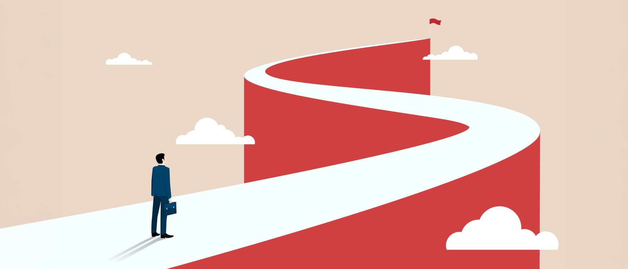 Ein stilisiertes Kunstbild zeigt eine Person in einem Anzug, die am Anfang eines langen, geschwungenen Weges steht. Der Weg f&uuml;hrt zu einer kleinen roten Fahne am Horizont, die ein Ziel symbolisiert. Der Hintergrund ist beige, und wei&szlig;e Wolken schweben um den Weg. Das Bild vermittelt ein Gef&uuml;hl von Zielstrebigkeit und Entschlossenheit.