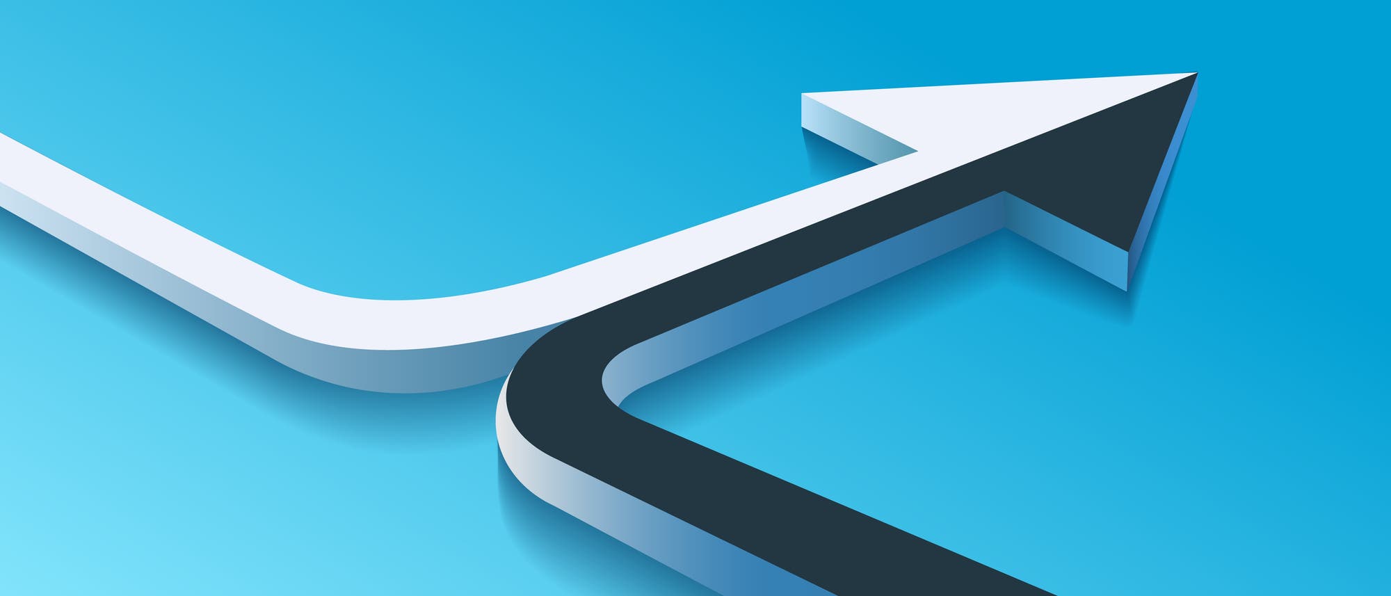 Zwei geschwungene Pfeile auf blauem Hintergrund, die sich zu einem einzigen Pfeil vereinen und nach oben rechts zeigen. Der weiße und der schwarze Pfeil symbolisieren Zusammenführung oder Integration.