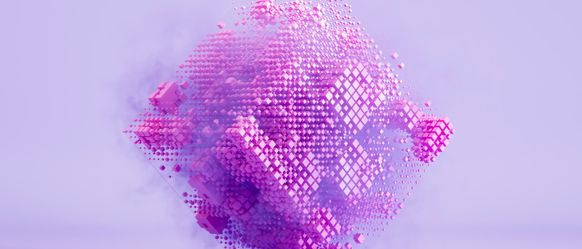Eine 3D-Darstellung eines abstrakten, w&uuml;rfelf&ouml;rmigen Objekts, das aus zahlreichen kleinen, violetten geometrischen Formen besteht. Diese Formen sind in einem Gittermuster angeordnet und scheinen in einem nebligen, lila Hintergrund zu schweben. Die Struktur vermittelt ein Gef&uuml;hl von Tiefe und Komplexit&auml;t.
