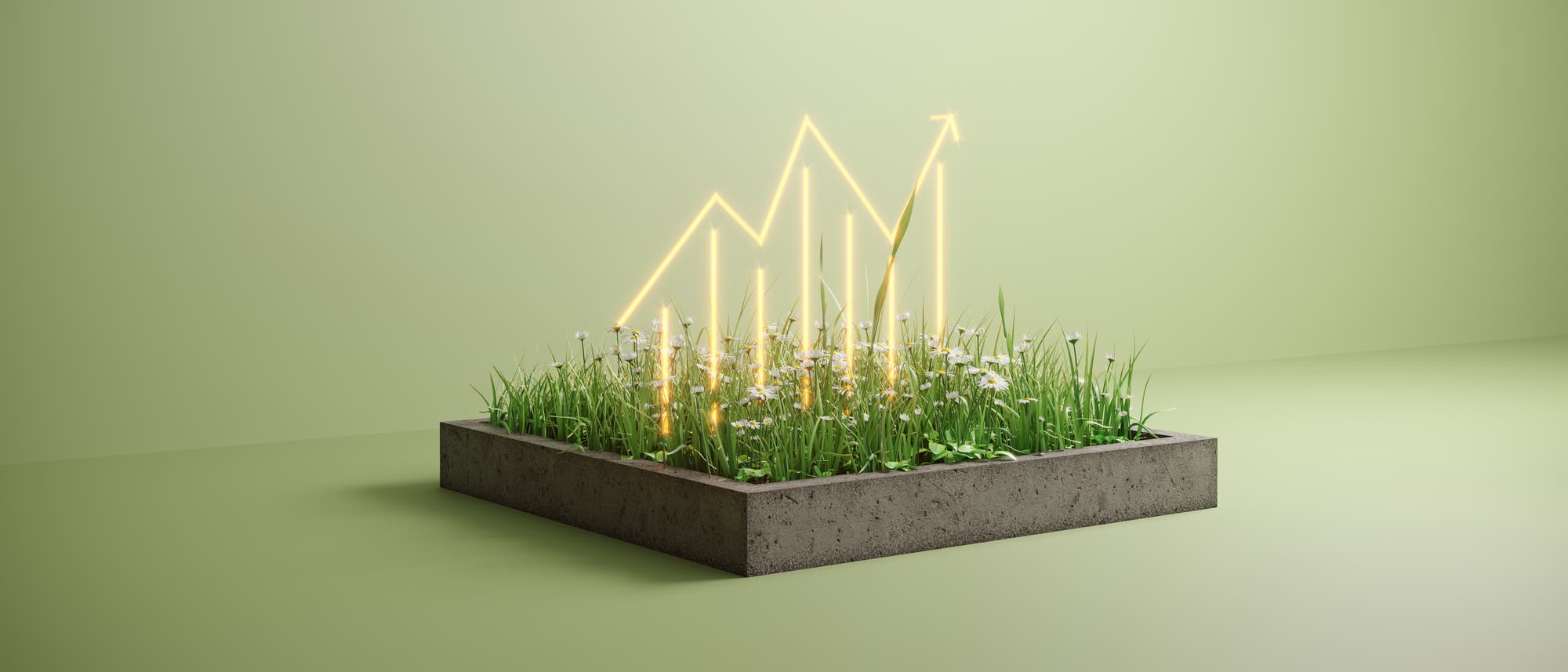 Ein rechteckiger Betonbehälter mit grünem Gras und kleinen weißen Blumen, aus dem leuchtende gelbe Linien in Form eines aufsteigenden Diagramms hervorragen. Der Hintergrund ist in einem sanften Grünton gehalten. Das Bild symbolisiert Wachstum und Nachhaltigkeit.