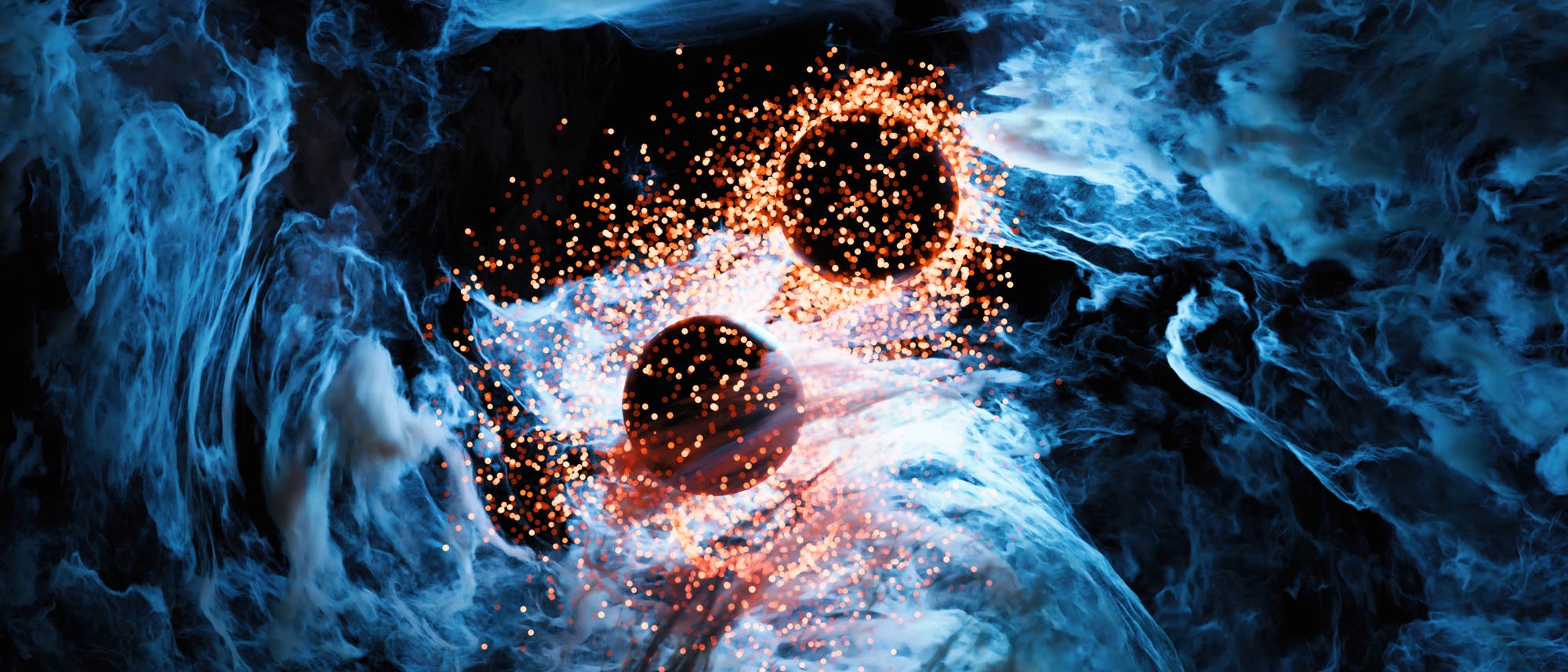 Eine k&uuml;nstlerische Darstellung eines astronomischen Ph&auml;nomens, das zwei schwarze Kugeln zeigt, die von leuchtenden, orangefarbenen Partikeln umgeben sind. Diese Kugeln scheinen in einem Wirbel aus blauen und wei&szlig;en Gaswolken zu schweben, was den Eindruck von Bewegung und Energie vermittelt. Die Szene erinnert an die Kollision oder Interaktion von Himmelsk&ouml;rpern im Weltraum.