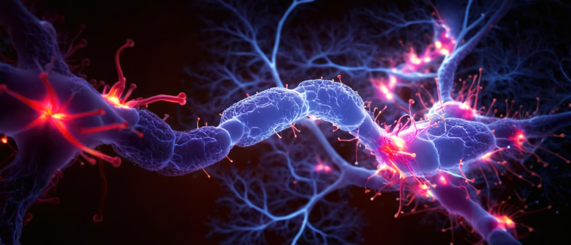 Eine 3D-Darstellung von Neuronen mit leuchtenden Synapsen. Die Neurone sind in einem Netzwerk verbunden, wobei elektrische Impulse durch die Synapsen fließen. Die Darstellung zeigt detaillierte neuronale Strukturen mit blauen und roten Farbakzenten, die die Aktivität und Verbindungen zwischen den Neuronen hervorheben. Eine 3D-Darstellung von Neuronen mit leuchtenden Synapsen. Die Neurone sind in einem Netzwerk verbunden, wobei elektrische Impulse durch die Synapsen fließen. Die Darstellung zeigt detaillierte neuronale Strukturen mit blauen und roten Farbakzenten, die die Aktivität und Verbindungen zwischen den Neuronen hervorheben.