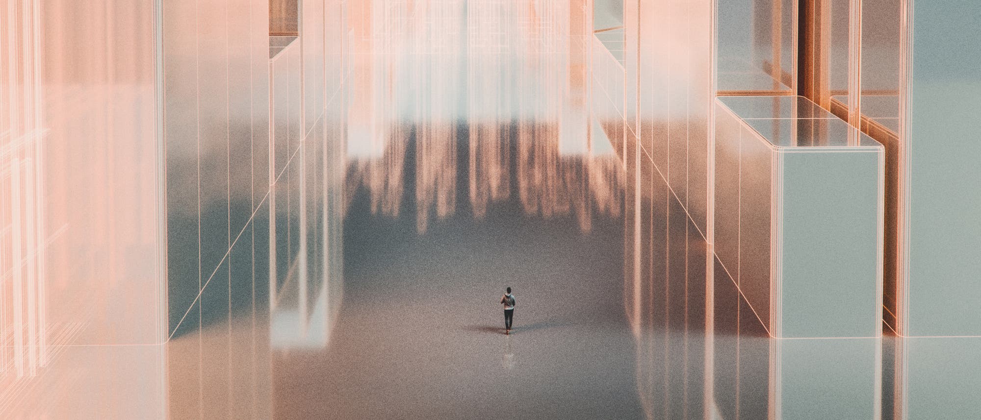 Eine 3D-Darstellung zeigt eine futuristische Stadtlandschaft mit hohen, transparenten Geb&auml;uden, die in warmen T&ouml;nen leuchten. Eine einzelne Person steht in der Mitte des Bildes auf einer reflektierenden Oberfl&auml;che, die den Eindruck von Weite und Tiefe verst&auml;rkt. Die Szene vermittelt ein Gef&uuml;hl von Modernit&auml;t und Isolation.