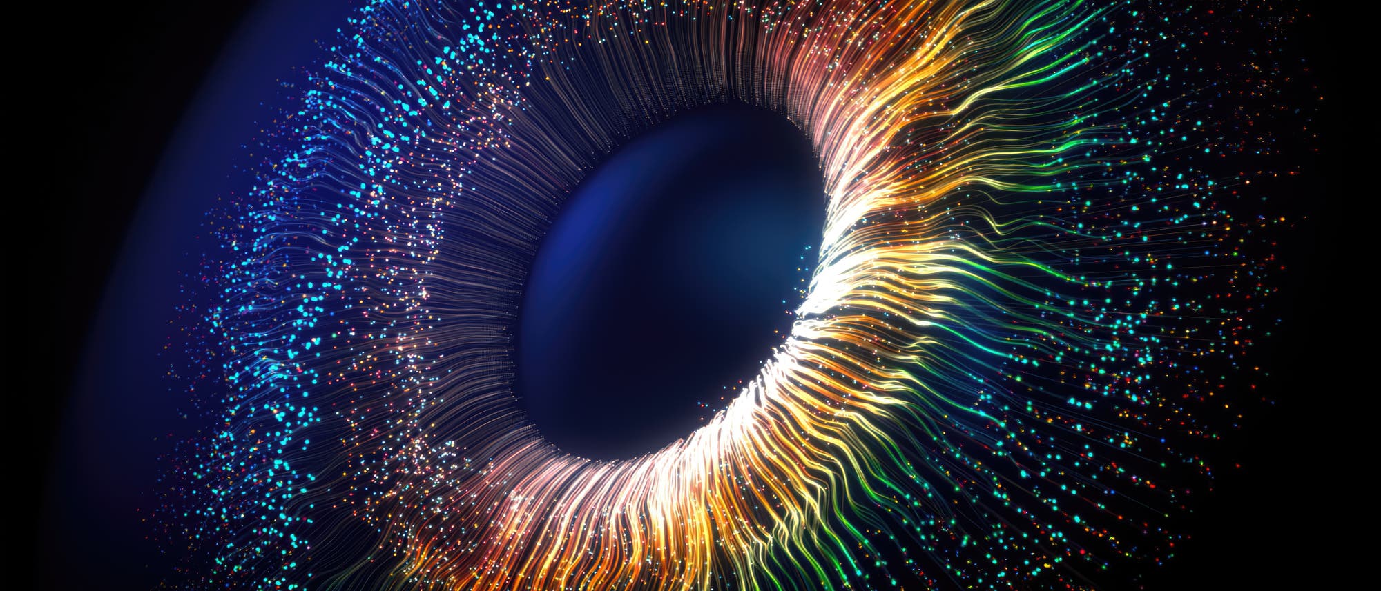 Eine abstrakte künstlerische Darstellung eines kreisförmigen Musters, das an ein Auge erinnert. Die Komposition besteht aus leuchtenden, farbigen Linien und Punkten, die von einem dunklen Zentrum ausgehen. Die Farben variieren von Blau über Grün bis zu Gelb und Orange, was einen dynamischen und energetischen Effekt erzeugt. Die Linien scheinen sich in Bewegung zu befinden, was dem Bild eine lebendige und fließende Qualität verleiht.