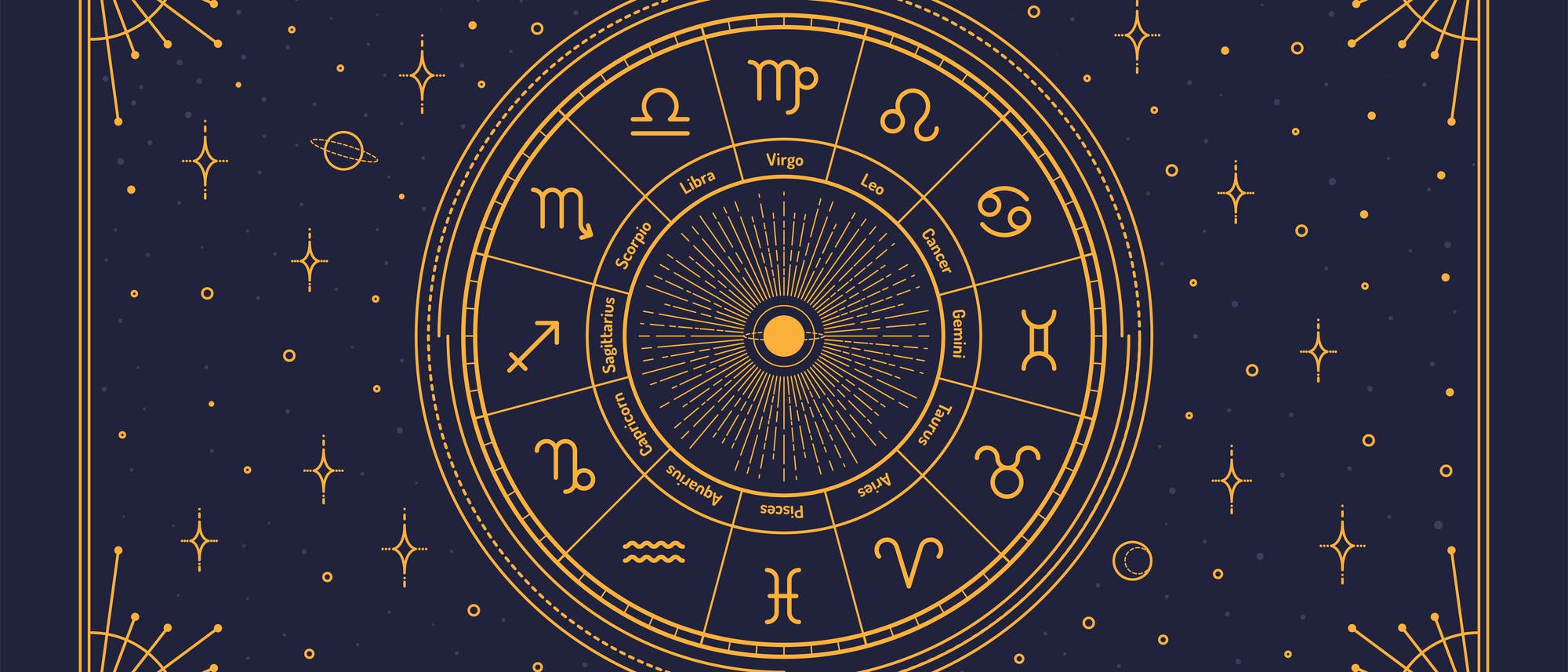 Eine k&uuml;nstlerische Darstellung eines astrologischen Tierkreises. In der Mitte befindet sich ein Kreis mit zw&ouml;lf Segmenten, die jeweils ein Tierkreiszeichen und dessen Symbol zeigen, darunter Widder, Stier, Zwillinge, Krebs, L&ouml;we, Jungfrau, Waage, Skorpion, Sch&uuml;tze, Steinbock, Wassermann und Fische. Der Hintergrund ist dunkelblau mit goldenen Sternen und Linien, die ein kosmisches Thema betonen. Die Komposition vermittelt ein Gef&uuml;hl von Mystik und Astrologie.