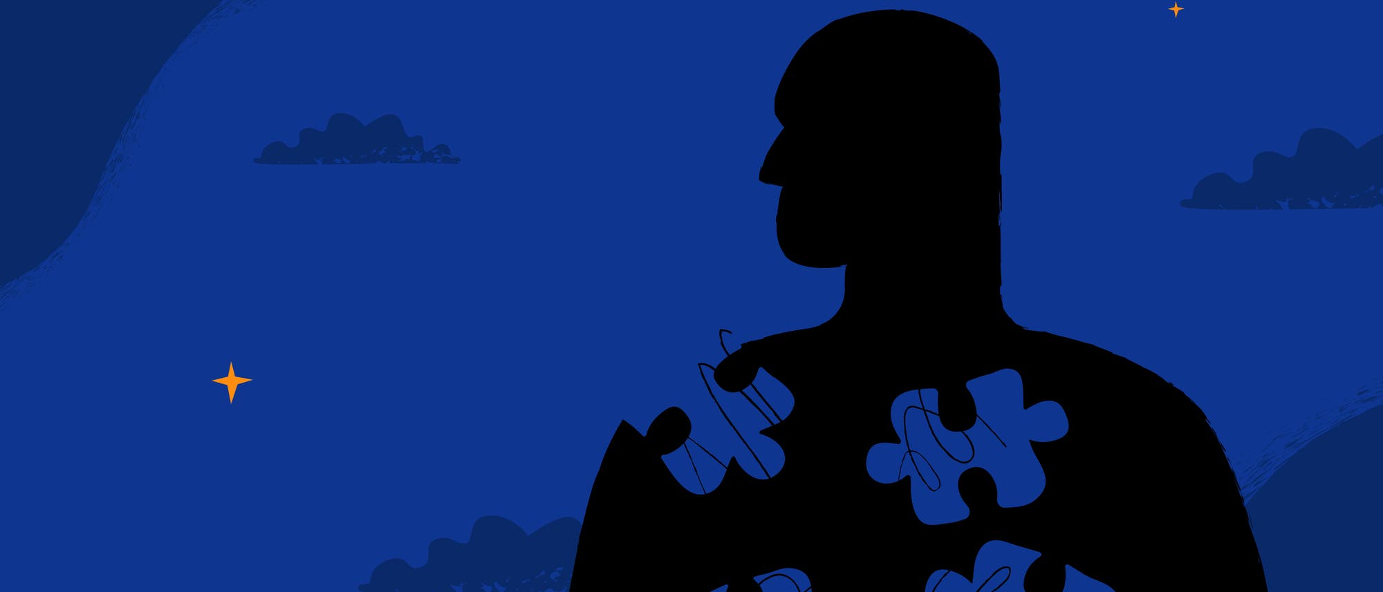 Eine k&uuml;nstlerische Illustration zeigt die Silhouette einer Person vor einem tiefblauen Hintergrund. Teile der Silhouette sind als fehlende Puzzlest&uuml;cke dargestellt, was auf ein Gef&uuml;hl von Unvollst&auml;ndigkeit oder Suche hinweist. Der Himmel ist mit kleinen Sternen und Wolken verziert, was eine nachdenkliche und ruhige Atmosph&auml;re schafft.