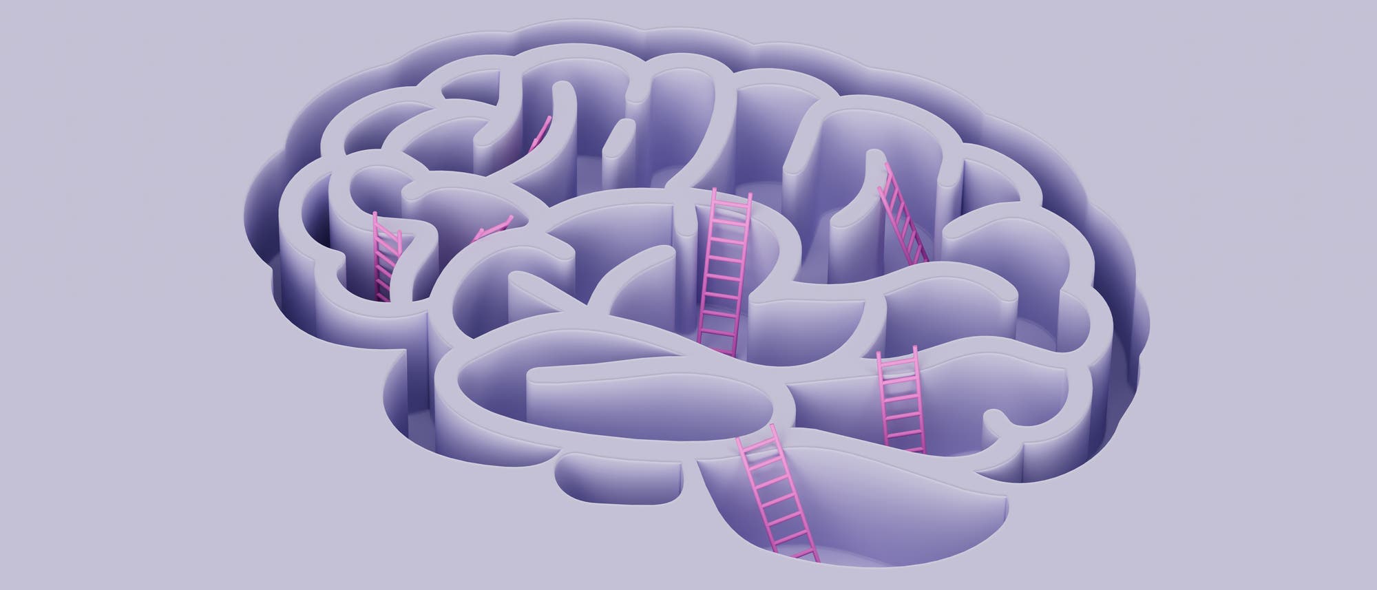 Eine k&uuml;nstlerische Darstellung eines Gehirns als Labyrinth. Die Struktur ist in einem hellen Lila gehalten, mit mehreren rosa Leitern, die verschiedene Bereiche des Labyrinths verbinden. Das Bild symbolisiert m&ouml;glicherweise die Komplexit&auml;t und die Herausforderungen des menschlichen Denkens oder der Probleml&ouml;sung.