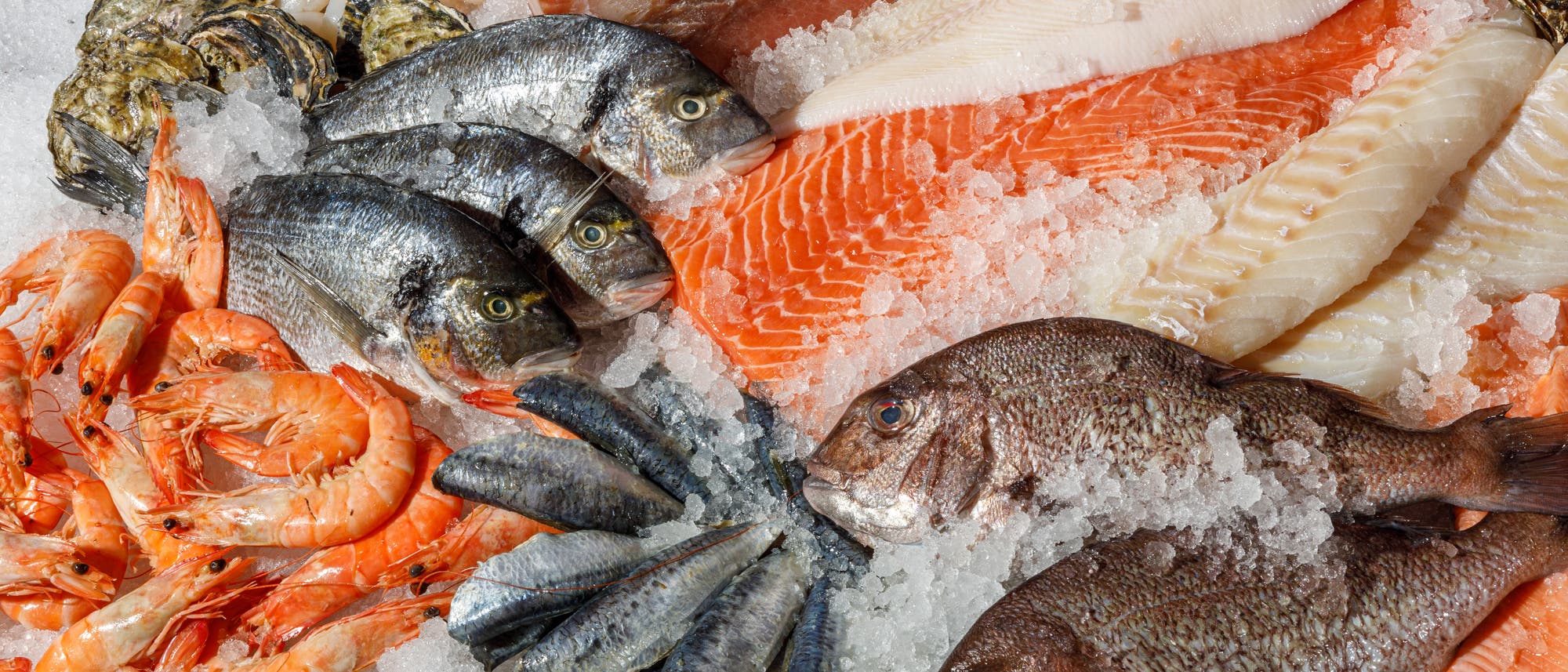 Verschiedene Fische und Meeresfrüchte liegen in einer Auslage auf Eis.