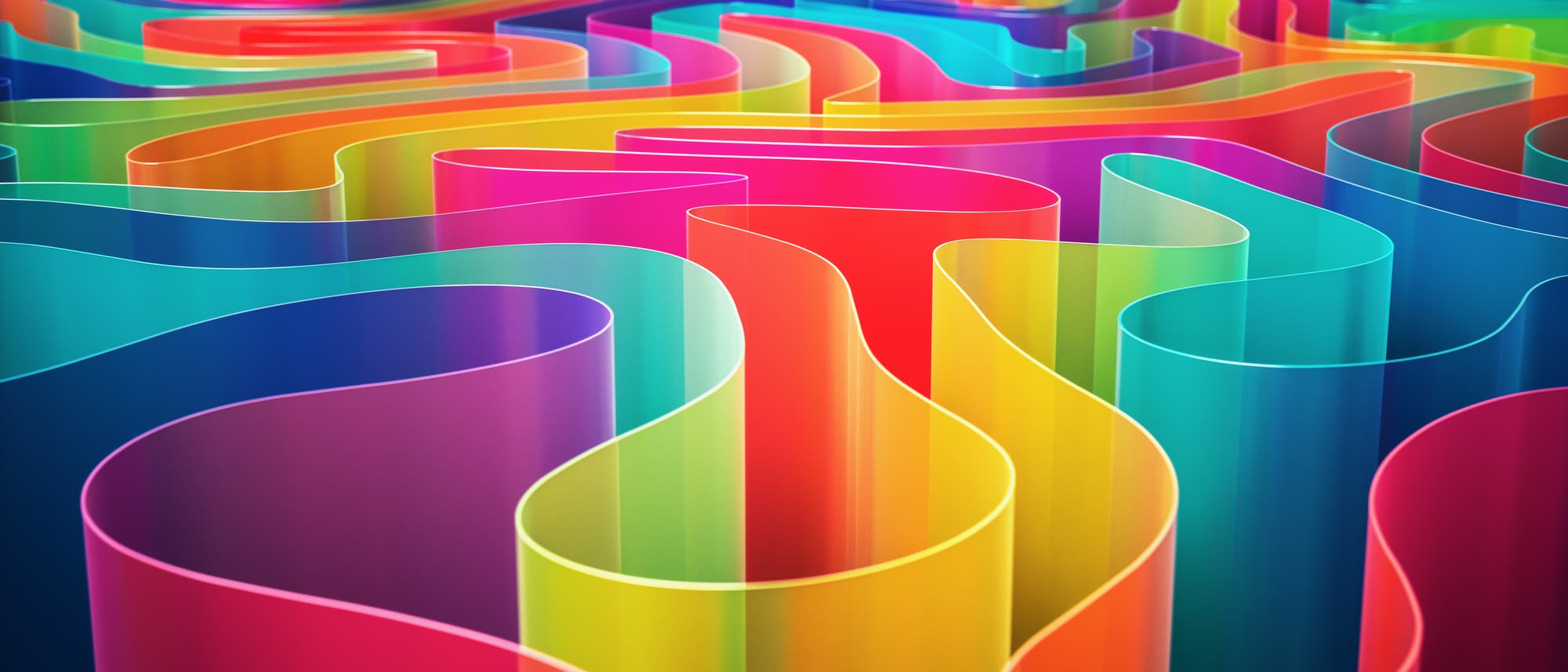 Eine abstrakte Kunstabbildung zeigt ein Labyrinth aus geschwungenen, transparenten Wänden in leuchtenden Regenbogenfarben. Die Wände verlaufen in sanften Kurven und erzeugen ein dynamisches, fließendes Muster. Die Farben reichen von Rot über Gelb und Grün bis hin zu Blau und Violett, was einen lebendigen und harmonischen visuellen Effekt erzeugt. Eine abstrakte Kunstabbildung zeigt ein Labyrinth aus geschwungenen, transparenten Wänden in leuchtenden Regenbogenfarben. Die Wände verlaufen in sanften Kurven und erzeugen ein dynamisches, fließendes Muster. Die Farben reichen von Rot über Gelb und Grün bis hin zu Blau und Violett, was einen lebendigen und harmonischen visuellen Effekt erzeugt.