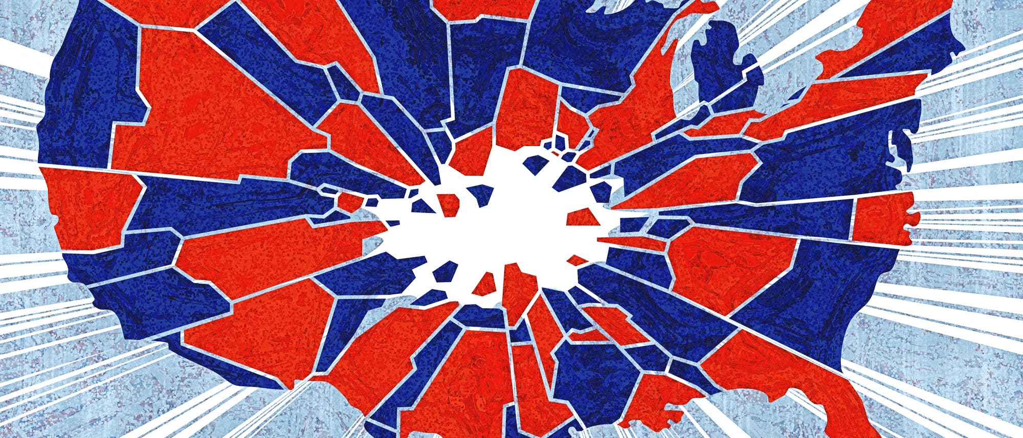 Eine stilisierte geografische Karte der Vereinigten Staaten, die in rote und blaue Segmente unterteilt ist, die die politische Aufteilung darstellen. Die Karte ist in einem zersplitterten Muster gestaltet, das von einem zentralen Punkt ausstrahlt, was die Fragmentierung und den Kontrast zwischen den Regionen hervorhebt. Der Hintergrund in hellem blau mit strahlenförmigen Linien scheint eine Explosion anzudeuten.