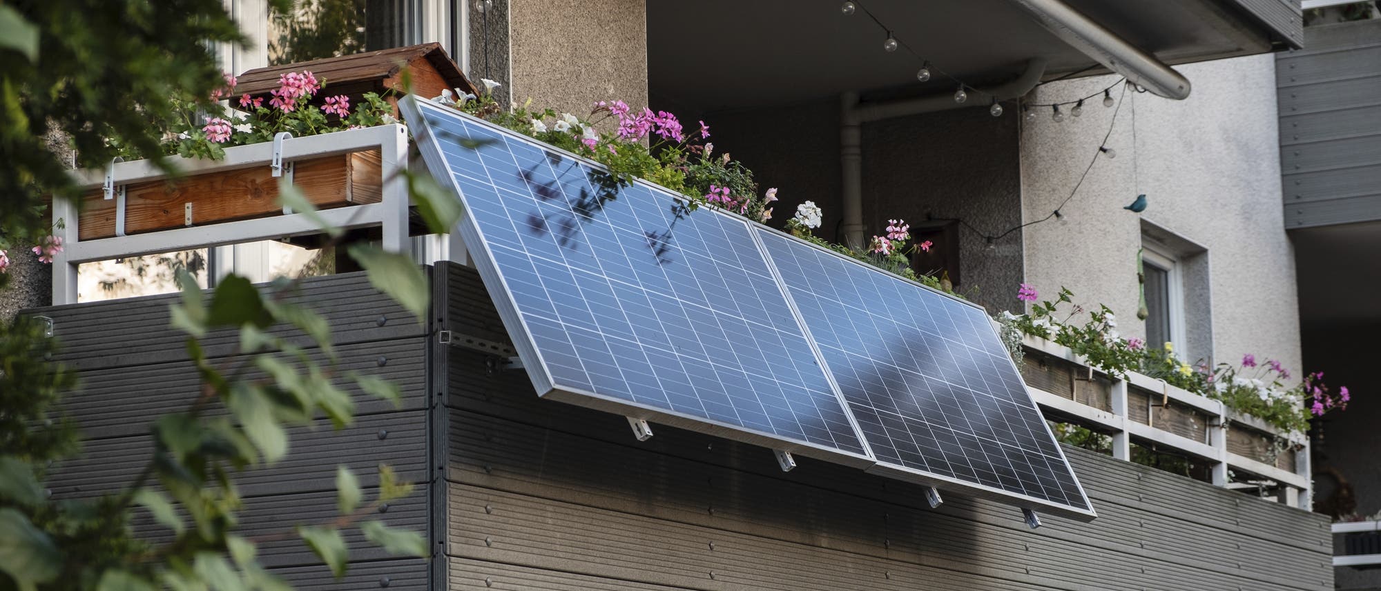Ein Balkon mit einer Solaranlage, die an der Br&uuml;stung montiert ist. Die Solarpaneele sind schr&auml;g angebracht, um Sonnenlicht optimal einzufangen. Auf dem Gel&auml;nder stehen Blumenk&auml;sten mit bl&uuml;henden Pflanzen. Im Hintergrund ist die Fassade eines Wohngeb&auml;udes zu sehen. Lichterketten h&auml;ngen &uuml;ber dem Balkon.