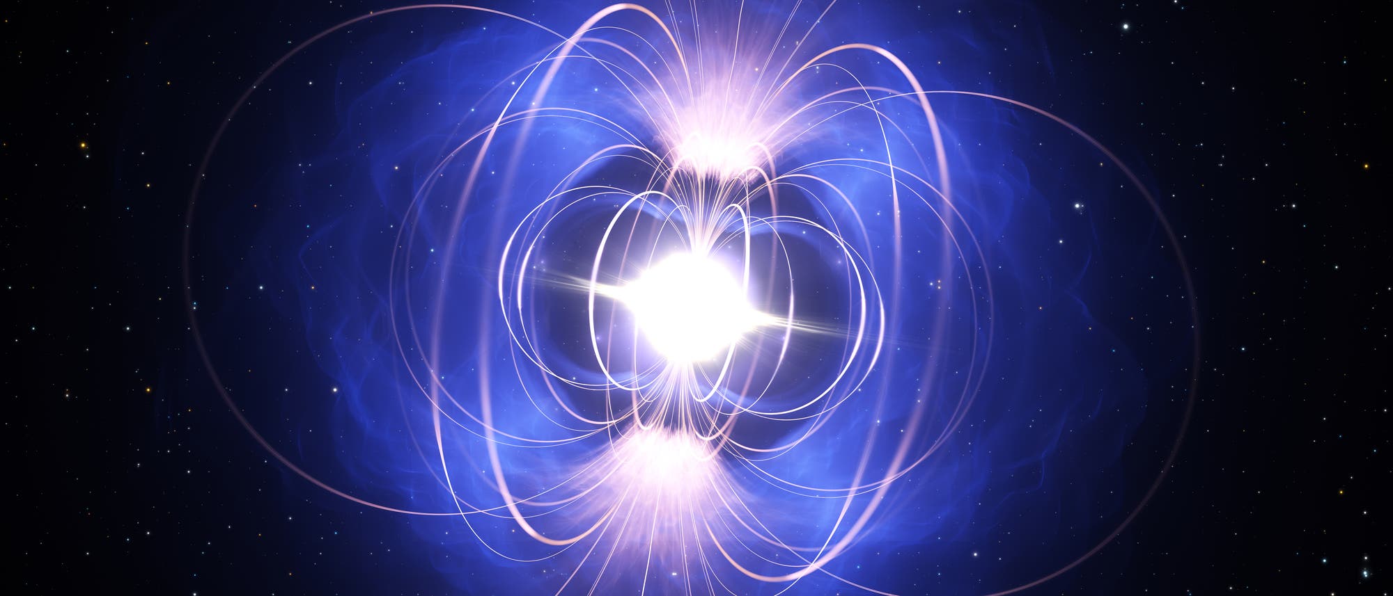 Una luz blanca brillante en el medio de un fondo azul, similar a la niebla, que está rodeada de líneas simétricas y brillantes que representan un campo magnético. El fondo muestra un cielo estrellado. Una luz blanca brillante en el medio de un fondo azul, similar a la niebla, que está rodeada de líneas simétricas y brillantes que representan un campo magnético. El fondo muestra un cielo estrellado.