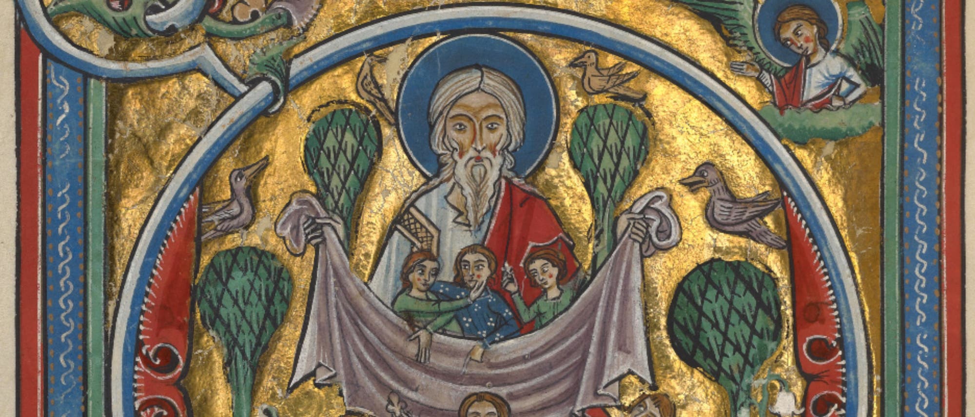 Eine mittelalterliche Buchmalerei zeigt eine zentrale Figur mit einem Heiligenschein, die ein Tuch h&auml;lt, in dem drei kleinere, rangelnde Figuren sitzen. Die Szene ist von stilisierten B&auml;umen und V&ouml;geln umgeben, mit einem goldenen Hintergrund. Oben rechts ist eine weitere Figur in einer Wolke dargestellt. Die Farben sind lebendig, mit dominierenden Blau-, Rot- und Goldt&ouml;nen. Die Darstellung vermittelt eine religi&ouml;se oder spirituelle Thematik.