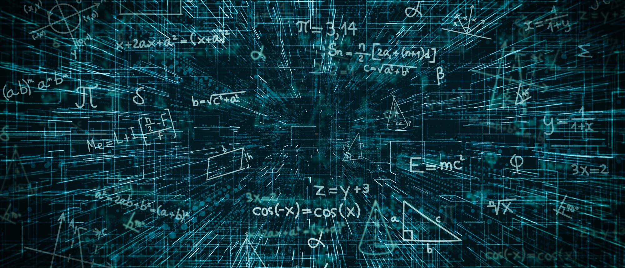 Eine digitale Illustration mit mathematischen Formeln und Notationen, die in einem dreidimensionalen Raum schweben. Zu den sichtbaren Formeln geh&ouml;ren unter anderem \( E = mc^2 \), \( a^2 + b^2 = c^2 \), und \( \cos(-x) = \cos(x) \). Verschiedene geometrische Formen wie Dreiecke und Kreise sind ebenfalls dargestellt. Der Hintergrund ist dunkel mit einem leuchtenden, gitterartigen Muster, das Tiefe und Komplexit&auml;t verleiht.