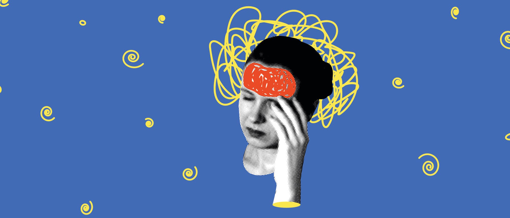 Eine künstlerische Collage zeigt ein stilisiertes Gesicht vor einem blauen Hintergrund. Der Kopf ist von gelben, wirbelnden Linien umgeben, die Gedanken oder Kreativität symbolisieren könnten. Auf der Stirn befindet sich ein rotes, organisches Muster, das möglicherweise das Gehirn darstellt. Der Hintergrund ist mit gelben Spiralen verziert, die Bewegung und Dynamik suggerieren. Eine künstlerische Collage zeigt ein stilisiertes Gesicht vor einem blauen Hintergrund. Der Kopf ist von gelben, wirbelnden Linien umgeben, die Gedanken oder Kreativität symbolisieren könnten. Auf der Stirn befindet sich ein rotes, organisches Muster, das möglicherweise das Gehirn darstellt. Der Hintergrund ist mit gelben Spiralen verziert, die Bewegung und Dynamik suggerieren.