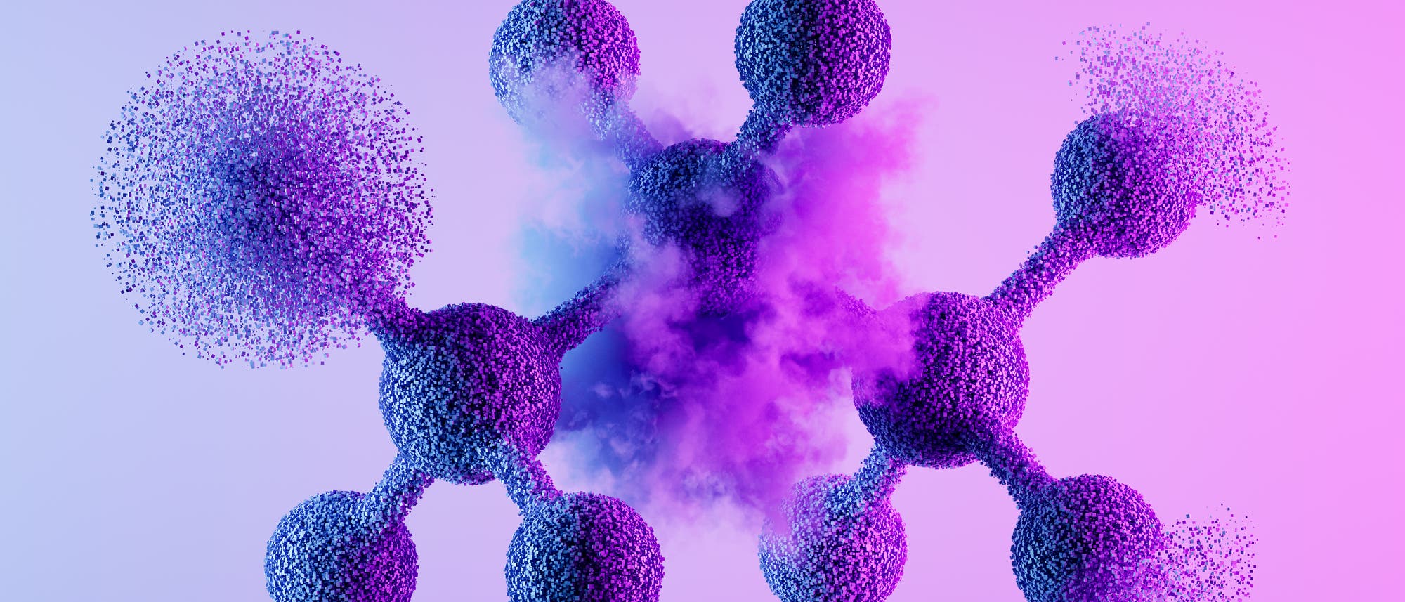 3D-Darstellung einer molekularen Struktur mit kugelförmigen Atomen, die durch Stäbe verbunden sind. Die Kugeln und Stäbe sind in verschiedenen Violetttönen gehalten, umgeben von einer nebligen Wolke. Der Hintergrund ist in einem sanften Farbverlauf von Lila zu Blau gehalten. Die Darstellung betont die räumliche Anordnung und Verbindung der Atome. 3D-Darstellung einer molekularen Struktur mit kugelförmigen Atomen, die durch Stäbe verbunden sind. Die Kugeln und Stäbe sind in verschiedenen Violetttönen gehalten, umgeben von einer nebligen Wolke. Der Hintergrund ist in einem sanften Farbverlauf von Lila zu Blau gehalten. Die Darstellung betont die räumliche Anordnung und Verbindung der Atome.