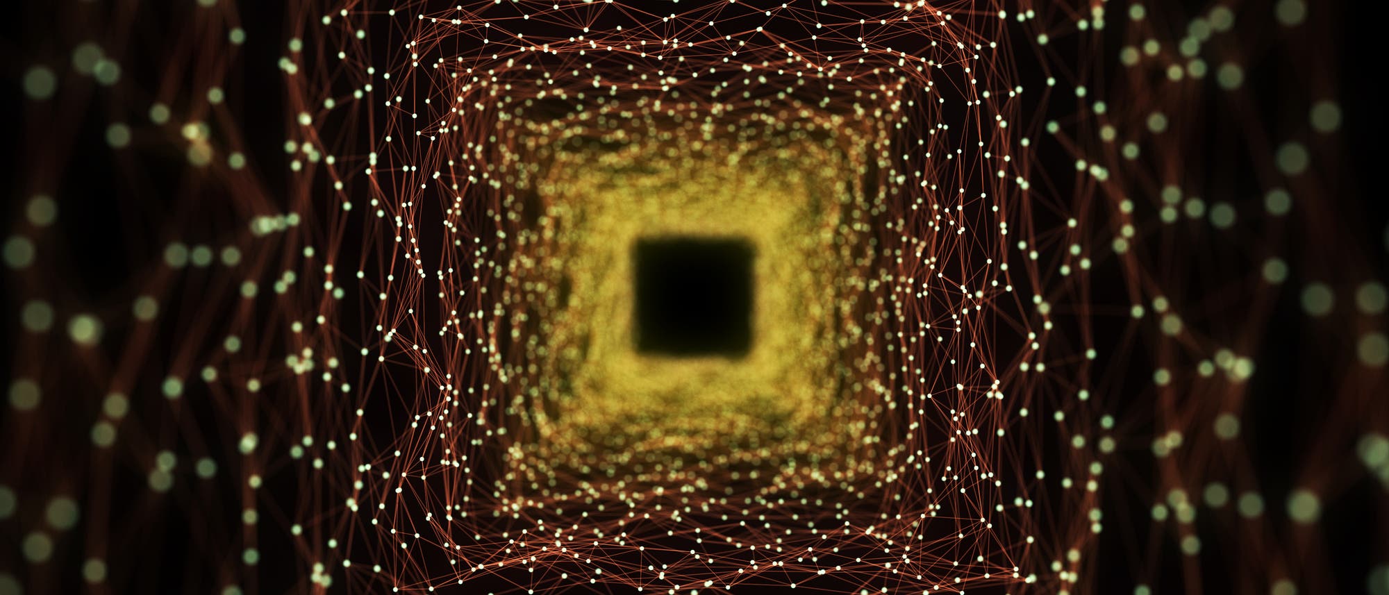 Eine 3D-Darstellung eines abstrakten Tunnels, bestehend aus einem Netzwerk von leuchtenden Punkten und Linien, die ein Gittermuster bilden. Die Struktur verj&uuml;ngt sich in der Mitte zu einem dunklen Quadrat, was einen Tiefeneffekt erzeugt. Die Farben variieren von Gelb bis Rot, was dem Bild eine dynamische und futuristische Atmosph&auml;re verleiht.