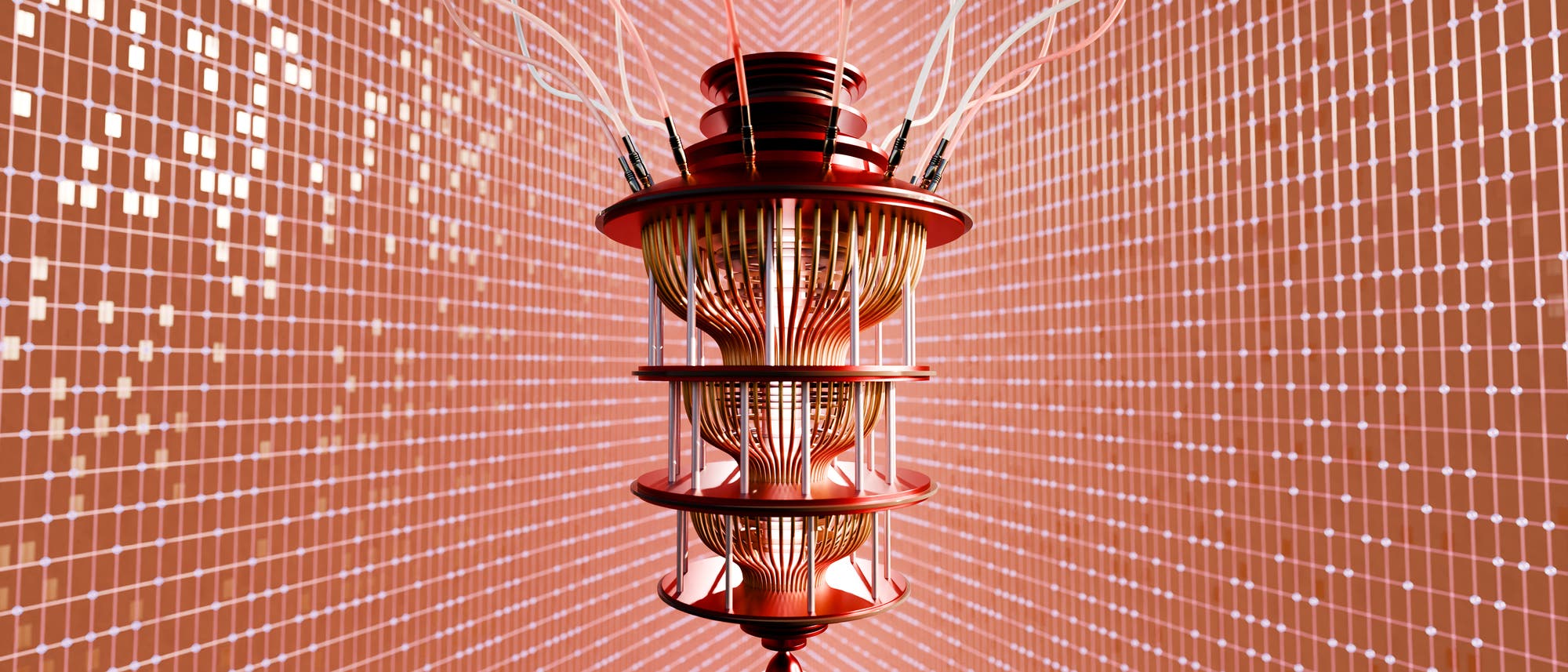 Eine 3-D-Darstellung eines komplexen, futuristischen Geräts, das an einen Quantencomputer erinnert. Das Gerät besteht aus mehreren übereinander angeordneten, runden Ebenen, die durch zahlreiche Kabel verbunden sind. Der Hintergrund zeigt ein Gittermuster aus kleinen, leuchtenden Punkten, das eine digitale oder technologische Atmosphäre vermittelt. Die Farben sind überwiegend Rot und Orange, was dem Bild eine warme, aber technische Ästhetik verleiht.