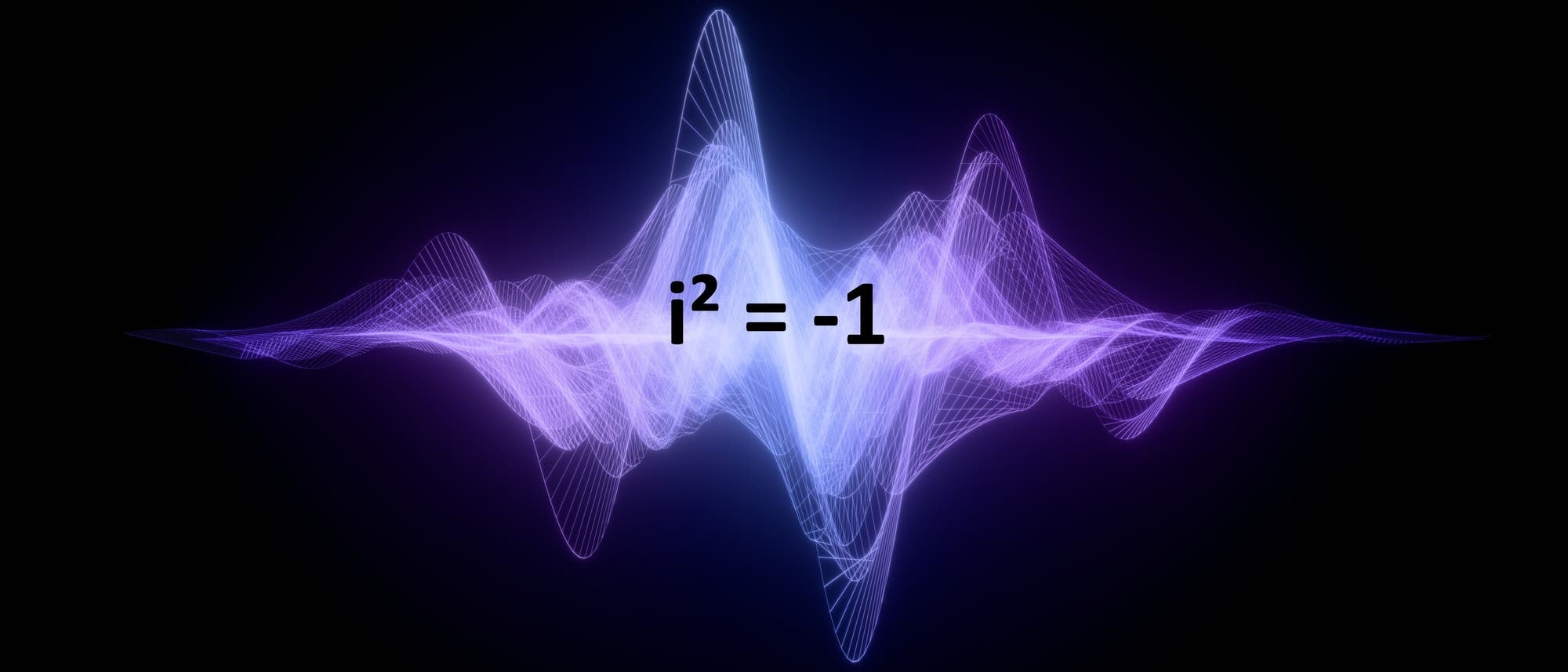 Eine abstrakte Darstellung mit einer wellenförmigen, lila und blauen Struktur auf schwarzem Hintergrund. Im Zentrum steht die mathematische Formel \(i^2 = -1\), die die Definition der imaginären Einheit \(i\) beschreibt. Die Wellenform symbolisiert möglicherweise die Verbindung zwischen Mathematik und visuellen Konzepten.