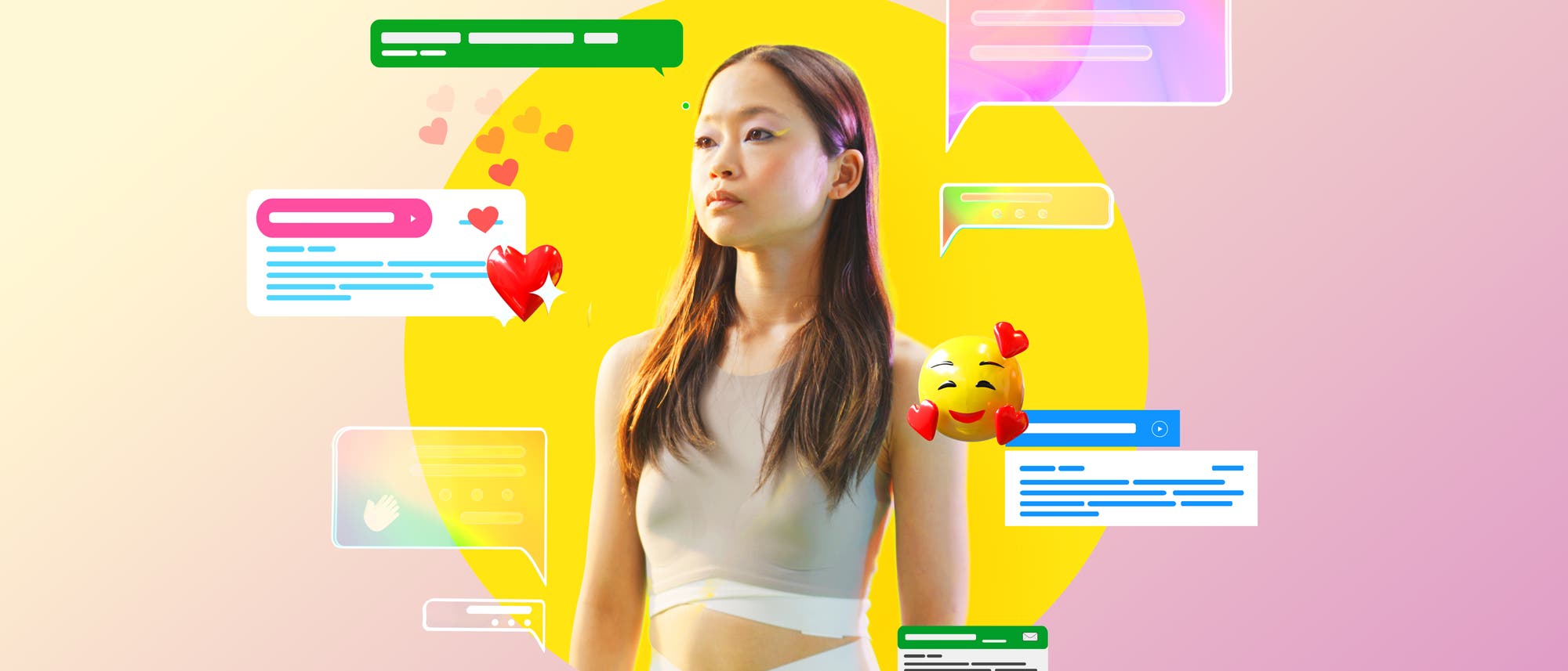 Eine Frau steht vor einem farbenfrohen Hintergrund, umgeben von schwebenden Chatblasen und Emojis. Die Chatblasen enthalten Textzeilen und Symbole, die Kommunikation und Interaktion darstellen. Ein Emoji mit Herzaugen schwebt in der Nähe, was eine positive und freundliche Stimmung vermittelt. Der Hintergrund ist in Gelb- und Rosatönen gehalten, was dem Bild eine lebendige und moderne Atmosphäre verleiht. Eine Frau steht vor einem farbenfrohen Hintergrund, umgeben von schwebenden Chatblasen und Emojis. Die Chatblasen enthalten Textzeilen und Symbole, die Kommunikation und Interaktion darstellen. Ein Emoji mit Herzaugen schwebt in der Nähe, was eine positive und freundliche Stimmung vermittelt. Der Hintergrund ist in Gelb- und Rosatönen gehalten, was dem Bild eine lebendige und moderne Atmosphäre verleiht.