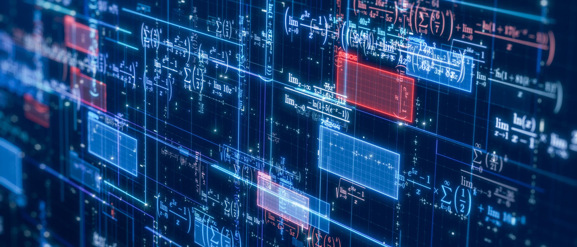 Eine digitale Darstellung komplexer mathematischer Formeln und Notationen auf einem dunklen Hintergrund. Die Formeln umfassen Summen- und Grenzwertzeichen, dargestellt in leuchtenden Farben wie Blau und Rot. Die Abbildung zeigt eine Vielzahl von mathematischen Ausdr&uuml;cken, die in einem Netzwerk von Linien und K&auml;stchen angeordnet sind, was auf eine strukturierte und systematische Anordnung hinweist. Die visuellen Elemente betonen die Komplexit&auml;t und Vernetzung mathematischer Konzepte.
