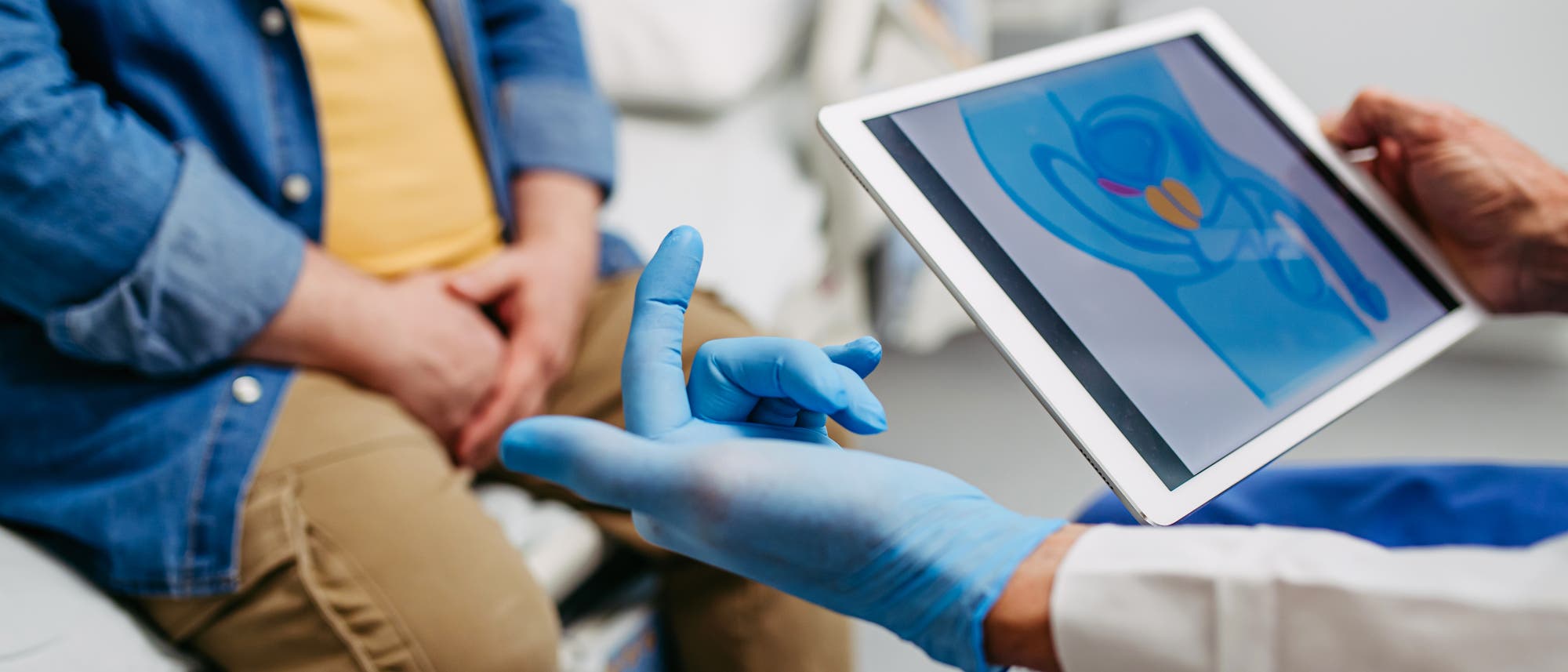 Ein Arzt in blauen Handschuhen zeigt einem sitzenden Patienten auf einem Tablet die männlichen Fortpflanzungsorgane. Der Patient sitzt mit gefalteten Händen auf einem Stuhl. Ein Arzt in blauen Handschuhen zeigt einem sitzenden Patienten auf einem Tablet die männlichen Fortpflanzungsorgane. Der Patient sitzt mit gefalteten Händen auf einem Stuhl.