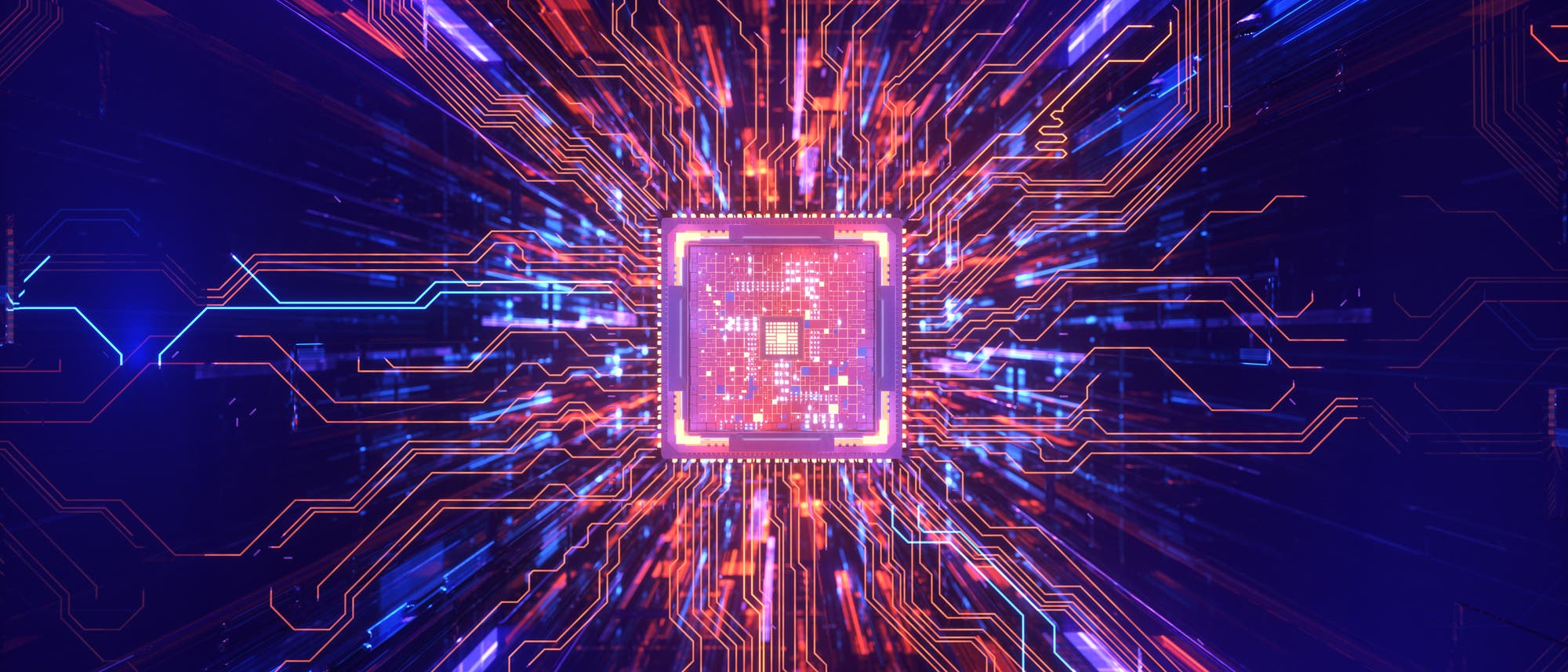 Ein leuchtendes Schaltkreis-Diagramm zeigt einen zentralen Mikrochip, von dem aus zahlreiche Leiterbahnen in alle Richtungen verlaufen. Die Leiterbahnen sind in leuchtenden Farben wie Rot, Blau und Lila dargestellt und symbolisieren die Daten&uuml;bertragung und Konnektivit&auml;t in einem elektronischen System. Der Hintergrund ist dunkel, was den Kontrast und die Sichtbarkeit der Schaltkreise verst&auml;rkt.