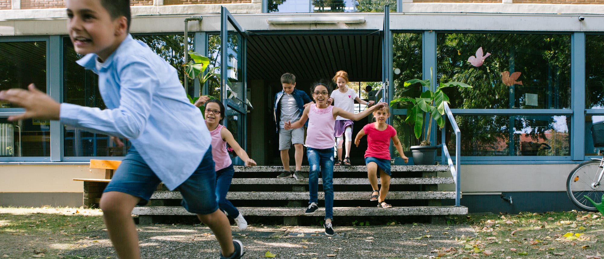 Eine Gruppe von Kindern rennt fröhlich aus einem Schulgebäude. Im Hintergrund sind große Fenster und geöffnete Türen zu sehen. Die Kinder wirken begeistert und energiegeladen, während sie die Treppen hinunterlaufen. Im Vordergrund ist ein Junge in Bewegung, während andere Kinder ihm folgen. Die Szene findet an einem sonnigen Tag statt, und es sind Bäume und Pflanzen im Hintergrund sichtbar. Eine Gruppe von Kindern rennt fröhlich aus einem Schulgebäude. Im Hintergrund sind große Fenster und geöffnete Türen zu sehen. Die Kinder wirken begeistert und energiegeladen, während sie die Treppen hinunterlaufen. Im Vordergrund ist ein Junge in Bewegung, während andere Kinder ihm folgen. Die Szene findet an einem sonnigen Tag statt, und es sind Bäume und Pflanzen im Hintergrund sichtbar.