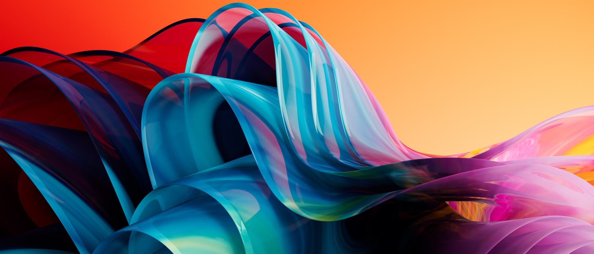 Abstrakte Kunst: Eine dynamische Komposition aus geschwungenen, transparenten B&auml;ndern in Blau-, Pink- und Violettt&ouml;nen, die sich vor einem leuchtend orangefarbenen Hintergrund winden. Die Formen erzeugen ein Gef&uuml;hl von Bewegung und Tiefe, w&auml;hrend die Farben harmonisch ineinander &uuml;bergehen.