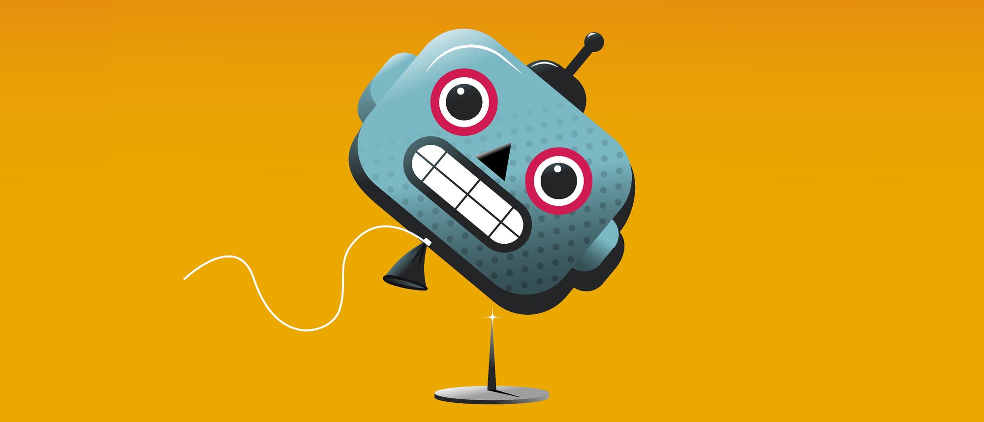 Illustration eines Roboterkopfes mit gro&szlig;en, runden Augen. Der Kopf hat die Form eines Luftballons und fliegt dicht &uuml;ber einer am Boden platzierten Rei&szlig;zwecke, deren Spitze bedrohlich funkelt.