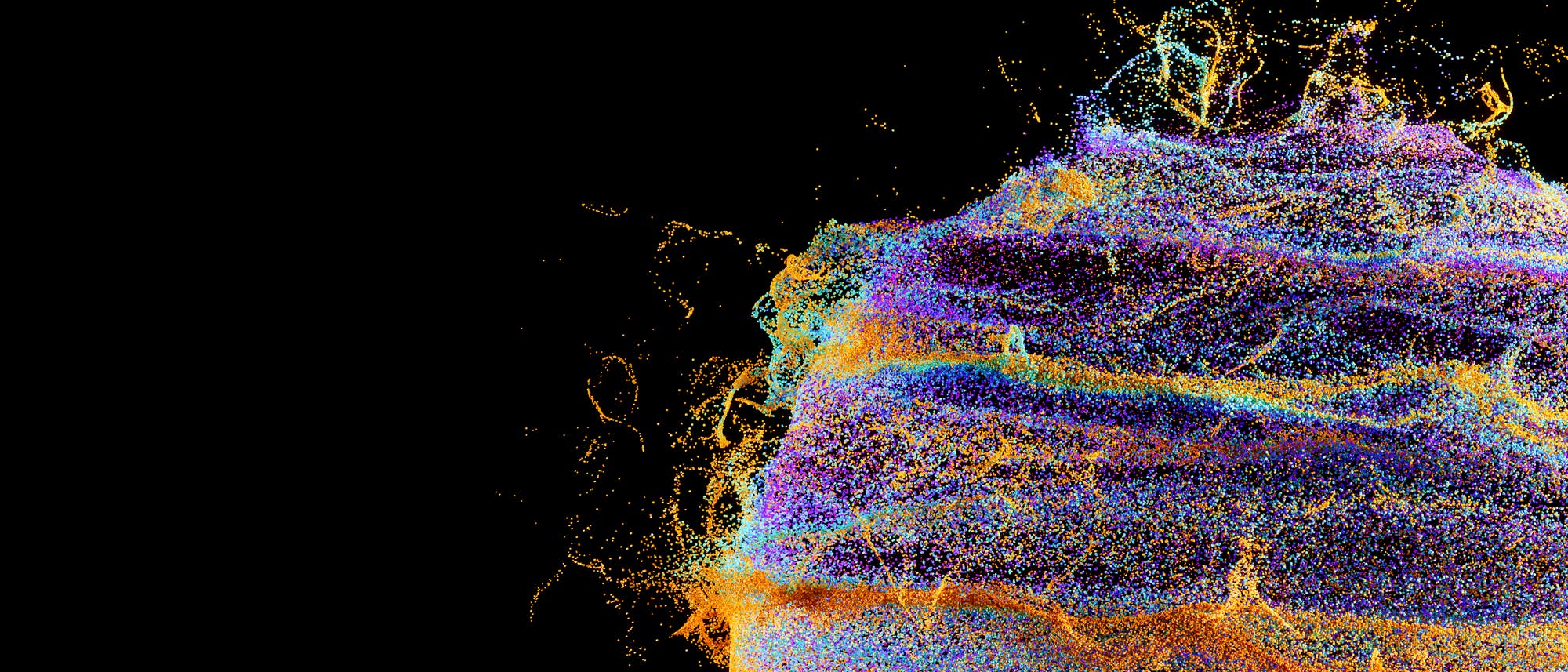 Eine 3D-Darstellung zeigt eine komplexe Struktur aus farbigen Partikeln auf schwarzem Hintergrund. Die Partikel sind in Schichten angeordnet, die in verschiedenen Farben wie Lila, Blau und Orange leuchten. Die Darstellung vermittelt den Eindruck von Bewegung und Dynamik, als ob die Partikel in einem energetischen Fluss schweben. Die Farben und Formen erzeugen ein visuell ansprechendes Muster, das an eine topografische Karte oder eine abstrakte Landschaft erinnert.
