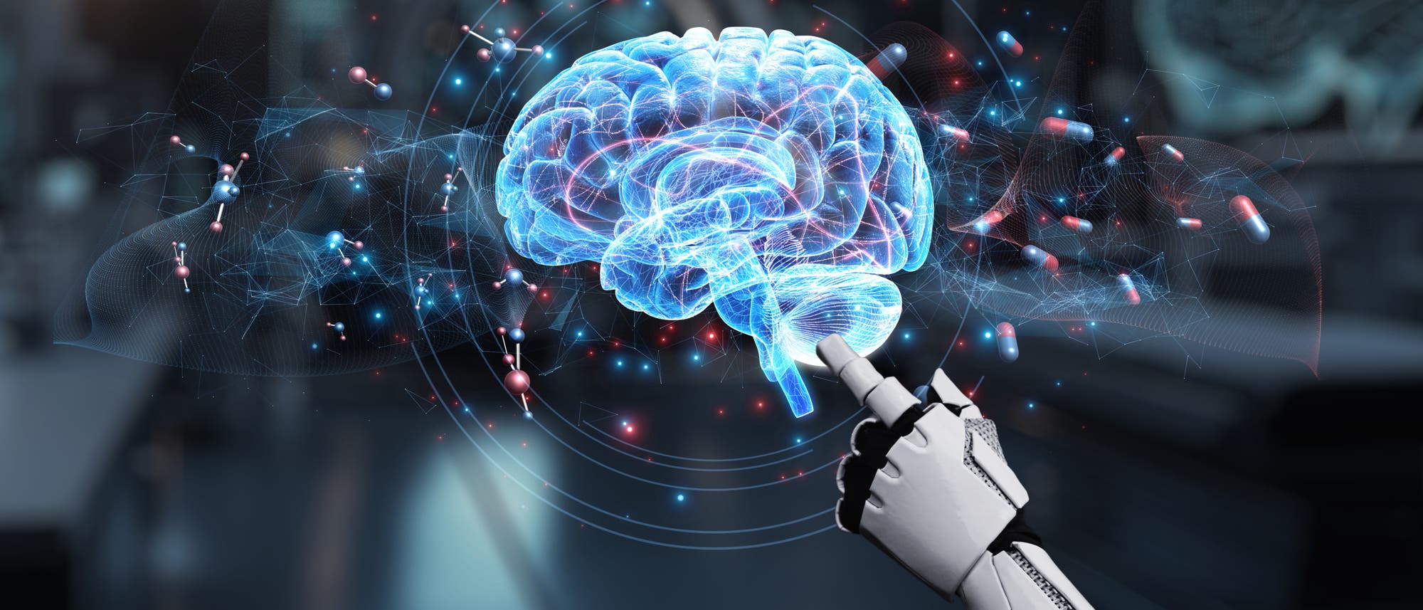 Eine 3D-Darstellung eines leuchtenden Gehirns, das von einem Roboterarm ber&uuml;hrt wird. Um das Gehirn herum sind digitale Netzwerke und Datenstr&ouml;me sichtbar, die eine Verbindung zwischen Technologie und Neurowissenschaften symbolisieren. Der Hintergrund zeigt eine verschwommene Laborumgebung, die den wissenschaftlichen Kontext unterstreicht.