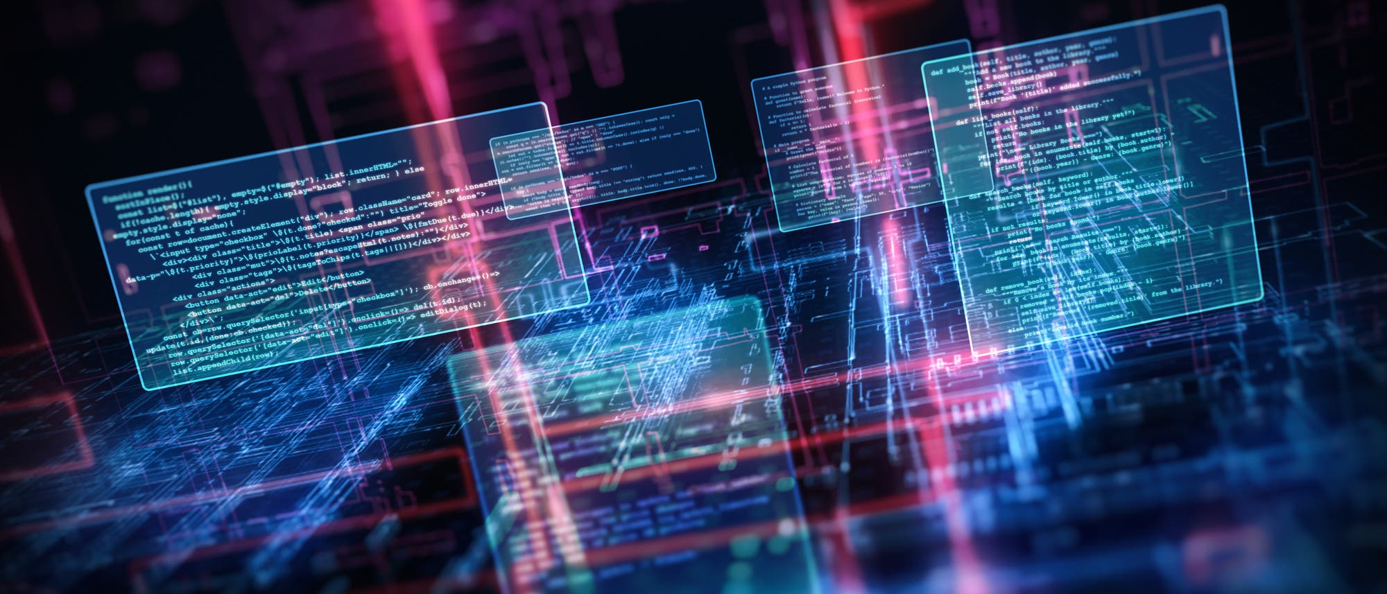 Eine digitale Darstellung eines Bildschirmfotos mit mehreren überlappenden Fenstern, die Programmiercode in einer futuristischen, neonbeleuchteten Umgebung zeigen. Die Fenster enthalten Codezeilen in verschiedenen Programmiersprachen, die auf einem komplexen, mehrschichtigen Hintergrund schweben. Die Farben sind überwiegend Blau- und Rottöne, die eine technologische und dynamische Atmosphäre erzeugen. Eine digitale Darstellung eines Bildschirmfotos mit mehreren überlappenden Fenstern, die Programmiercode in einer futuristischen, neonbeleuchteten Umgebung zeigen. Die Fenster enthalten Codezeilen in verschiedenen Programmiersprachen, die auf einem komplexen, mehrschichtigen Hintergrund schweben. Die Farben sind überwiegend Blau- und Rottöne, die eine technologische und dynamische Atmosphäre erzeugen.