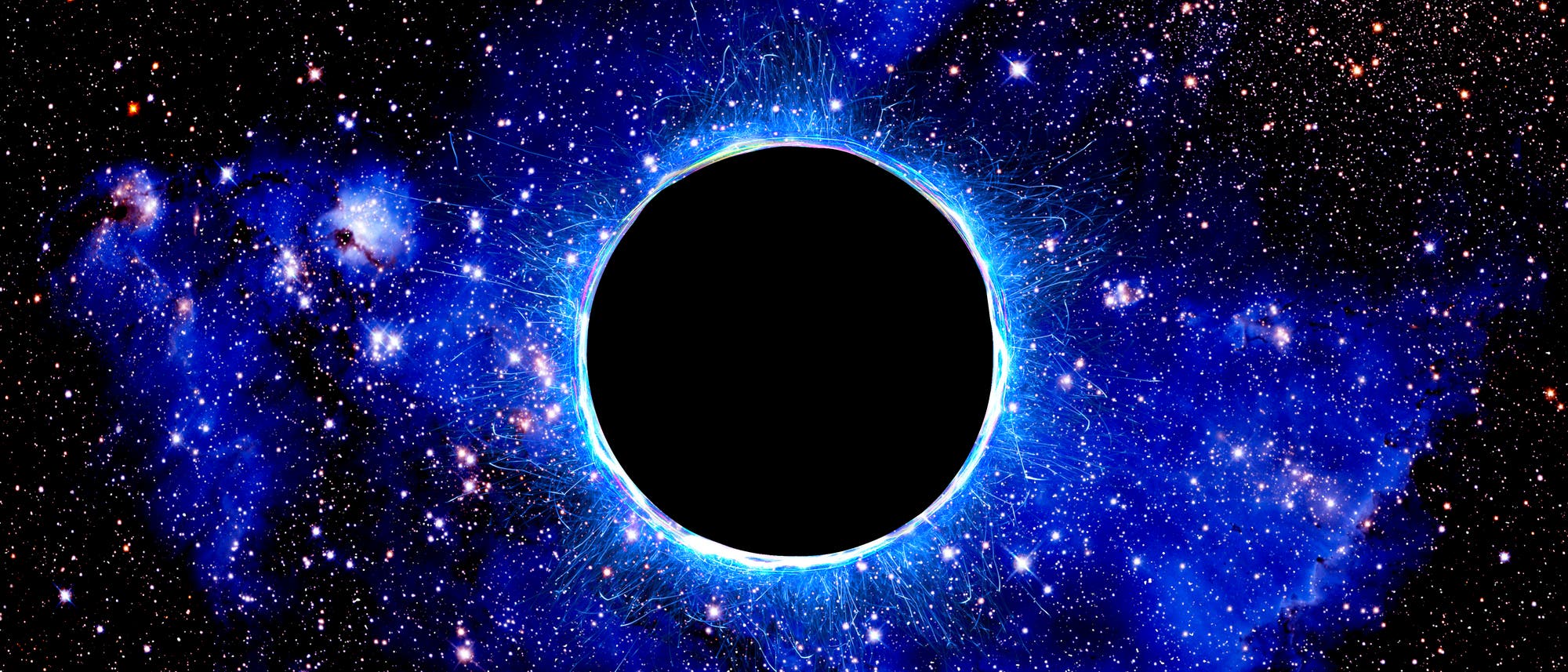 Eine k&uuml;nstlerische Darstellung eines Schwarzen Lochs im Weltraum. Das Bild zeigt einen dunklen, kreisf&ouml;rmigen Bereich in der Mitte, umgeben von einem leuchtend blauen, strahlenden Ring, der Energie und Materie darstellt, die in das Schwarze Loch gezogen werden. Der Hintergrund ist mit zahlreichen Sternen und Galaxien &uuml;bers&auml;t, die die Weite des Universums illustrieren. Die Farben und Strukturen betonen die mysteri&ouml;se und faszinierende Natur kosmischer Ph&auml;nomene.