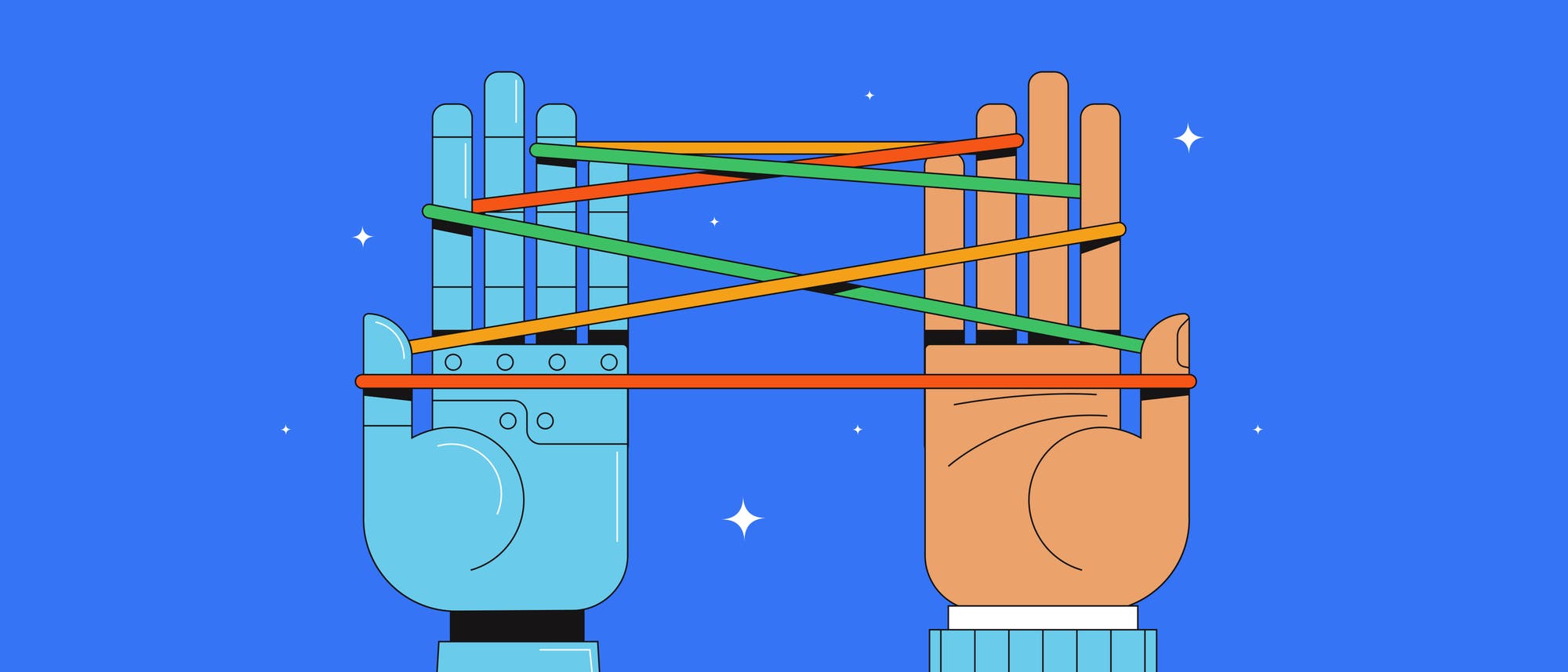 Illustration zweier H&auml;nde vor blauem Hintergrund, verbunden durch bunte F&auml;den. Die linke Hand ist mechanisch und blau, die rechte Hand ist menschlich und beige. Die F&auml;den sind in einem komplexen Muster gespannt, das an ein Fadenspiel erinnert. Im Hintergrund sind kleine wei&szlig;e Sterne zu sehen.