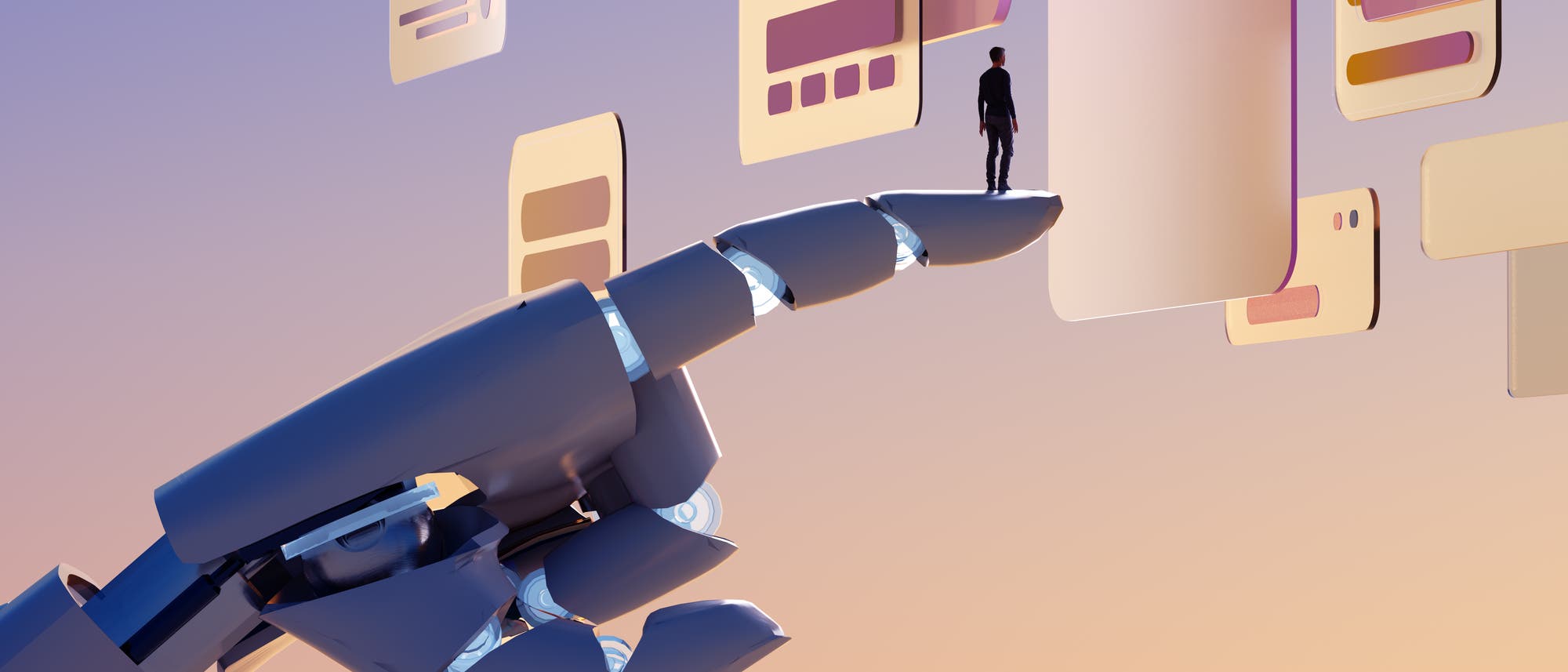 Eine 3D-Darstellung zeigt eine gro&szlig;e, futuristische Roboterhand, die in den Himmel ragt. Auf dem Zeigefinger steht eine kleine menschliche Figur, die in Richtung schwebender, halbtransparenter Benutzeroberfl&auml;chen blickt. Diese Oberfl&auml;chen sind in Pastellt&ouml;nen gehalten und scheinen digitale Men&uuml;s oder Bildschirme darzustellen. Die Szene vermittelt ein Gef&uuml;hl von Technologie und Mensch-Maschine-Interaktion.
